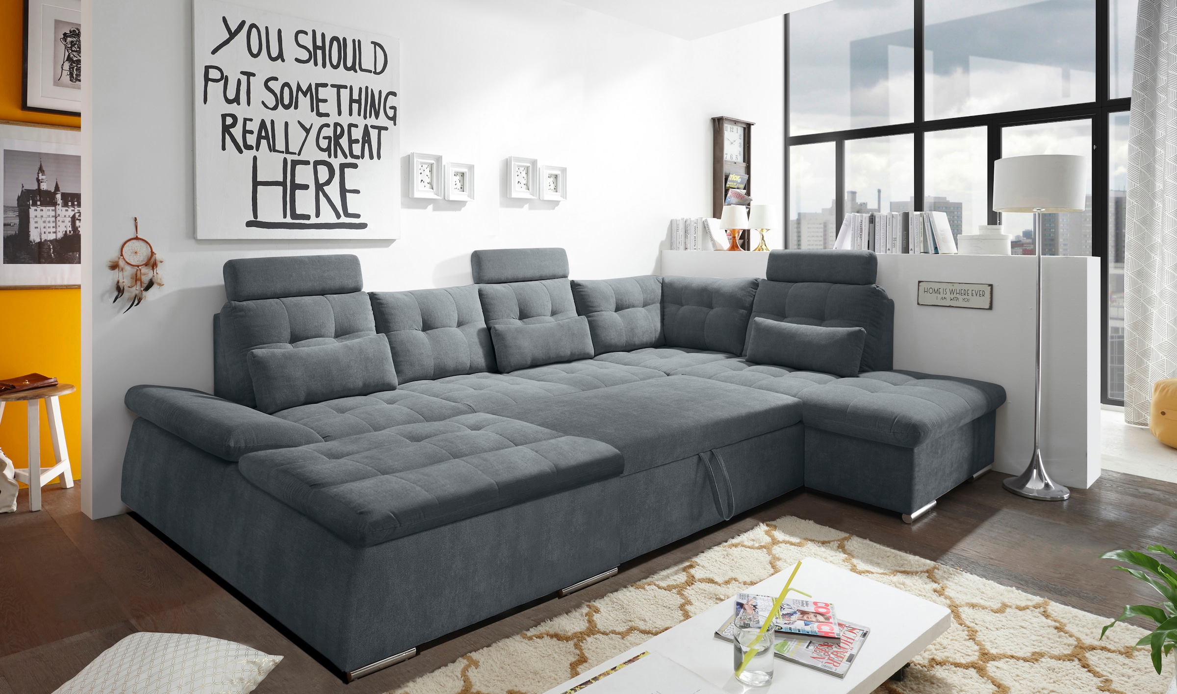 ED EXCITING DESIGN Paysage de salon »Nalo U-Form mit Bettfunktion, Bettkasten« Armteilverstellung, Kopfstützen & 3 Nierenkissen