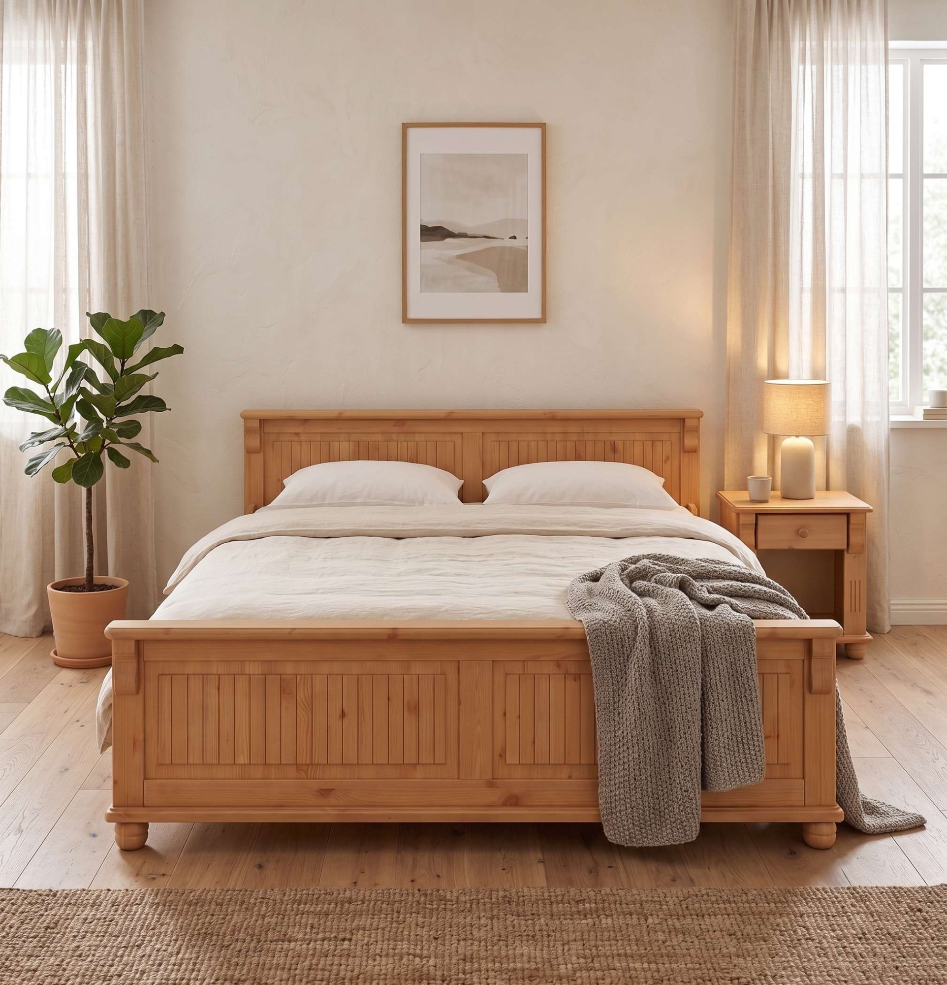 GOODproduct Lit en bois massif »Adele« Largeur 140 ou 180 cm, style maison de campagne,  en pin massif, belle optique à caissons, optique lamelle