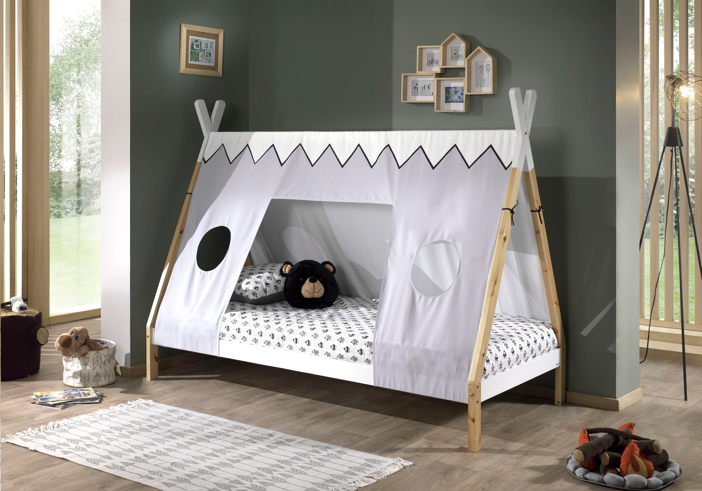 Vipack Lit d'enfant »Tipi« Fabriqué en Europe,  avec sommier à lattes roulantes et toit en tente, tiroir en option