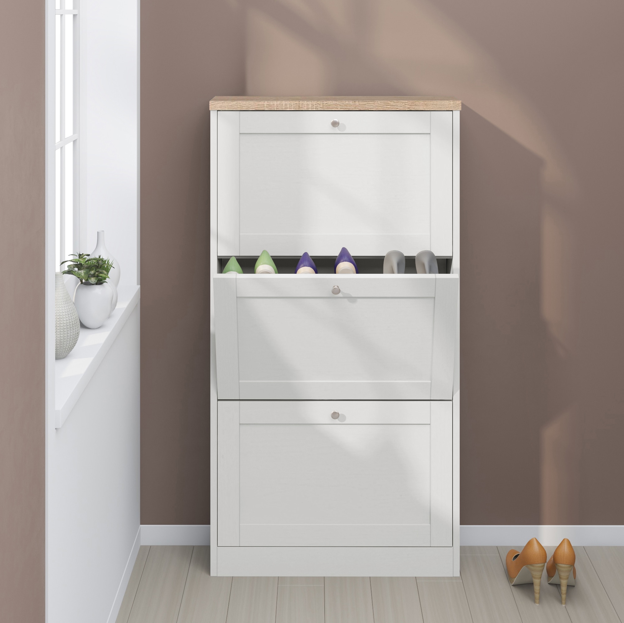 GOODproduct Armoire à chaussures »Heide« Largeur 70 cm, avec 3 volets et façade facettée, hauteur env. 130 cm