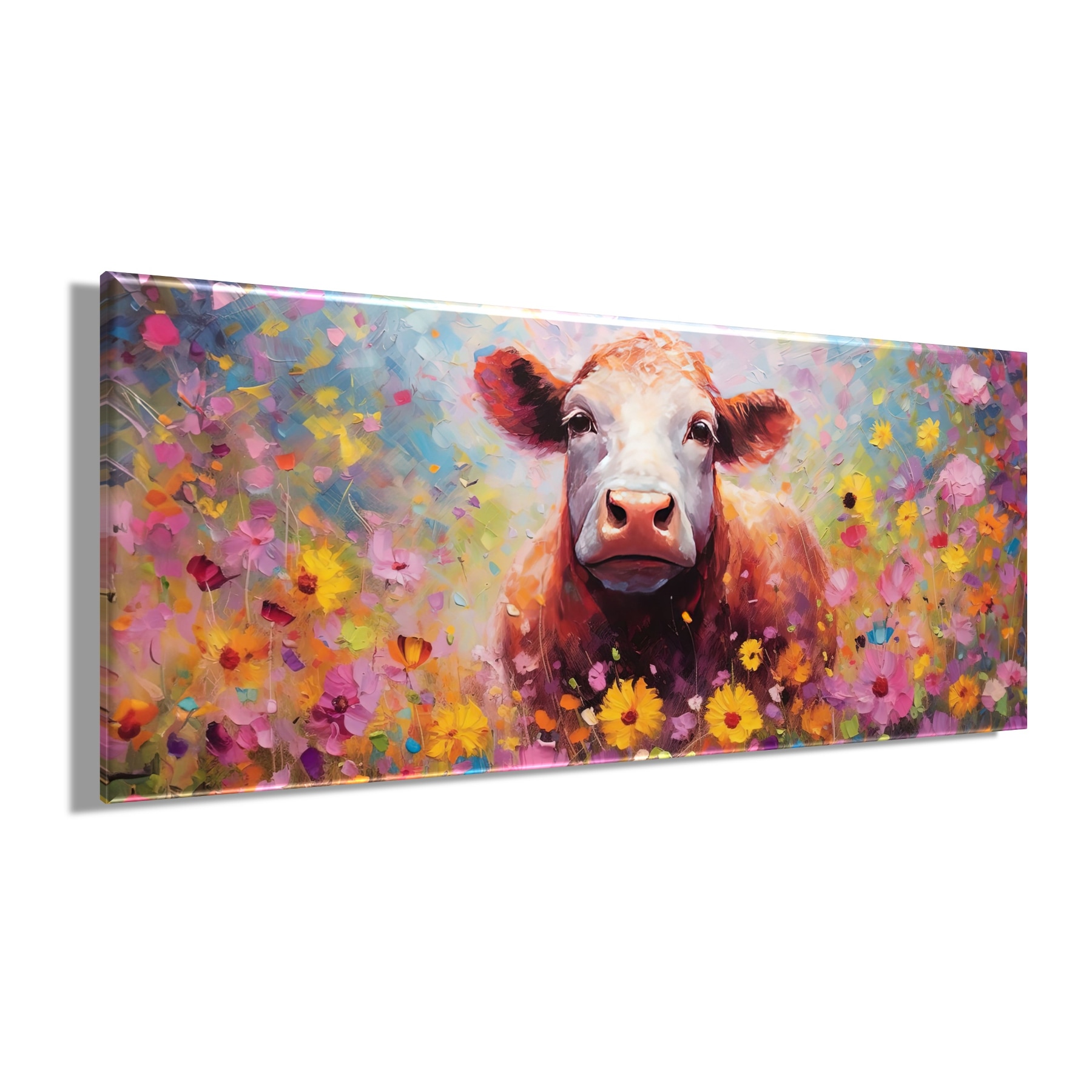 Bönninghoff Leinwandbild »Wandbild BUNTE KUH 60x140 cm – Leinwandbild Keilrahmen Deko modern« Blumen | Kuh | Kühe 1 Stk. tlg. auf Keilrahmen gespannt