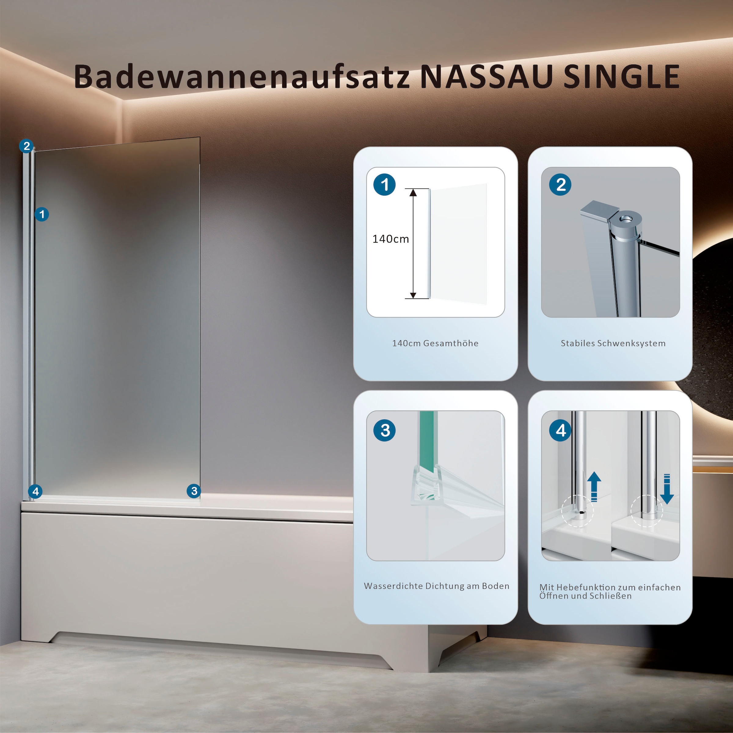 welltime Badewannenaufsatz »BWA Nassau Single foggy« Milchglas