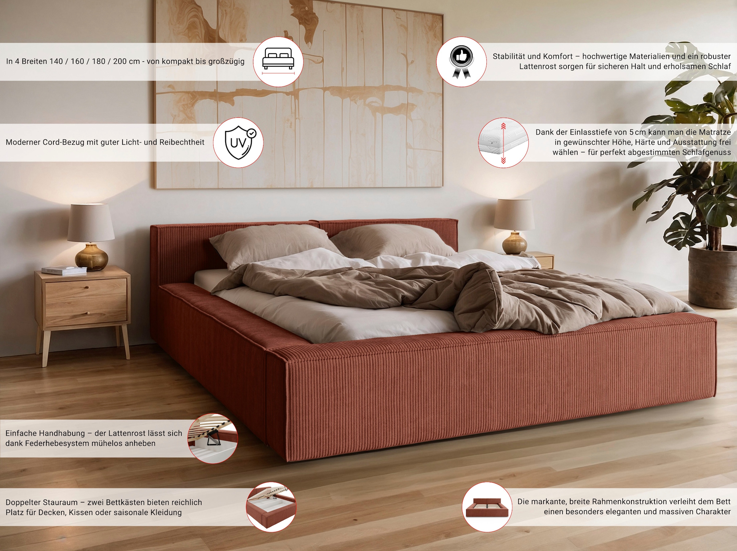 Home affaire Lit rembourré »LAUREDA Bettgestell mit Lattenrost, in 4 Breiten- 140, 160, 180, 200cm« mit Kopfteil und Bettkasten, ohne Matratze