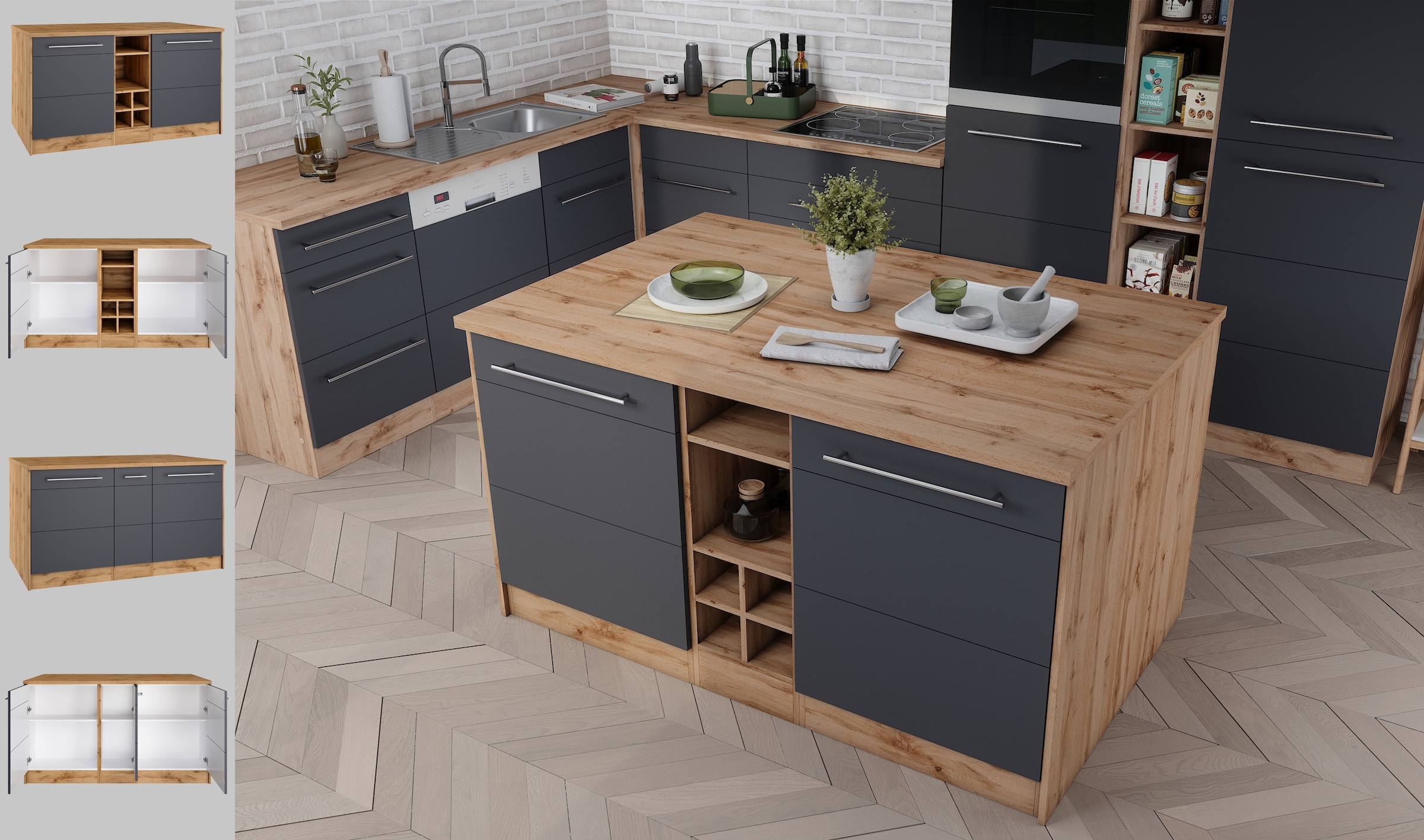 KOCHSTATION Ilot de cuisine »KS-Wien« largeur 153 cm, façades MDF, casier à bouteilles
