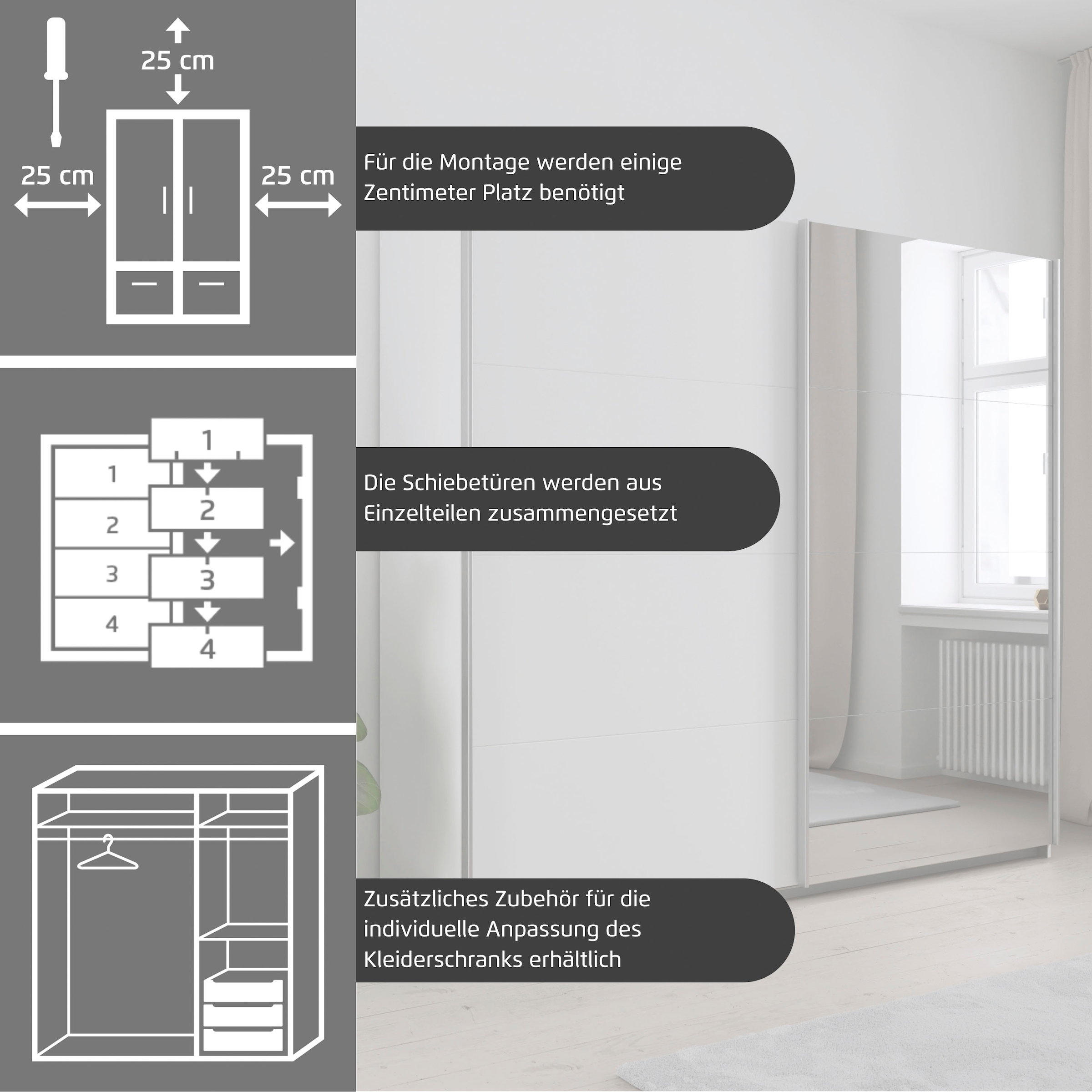 GOODproduct Schwebetürenschrank »Kleiderschrank Schrank Garderobe Schlafzimmerschrank THANOS« 3 verschiedene Ausstattungen BASIC/CLASSIC/PREMIUM (inkl. SOFT-CLOSE),  Optional mit Spiegel, Metall-Griffleisten alufarben MADE IN GERMANY