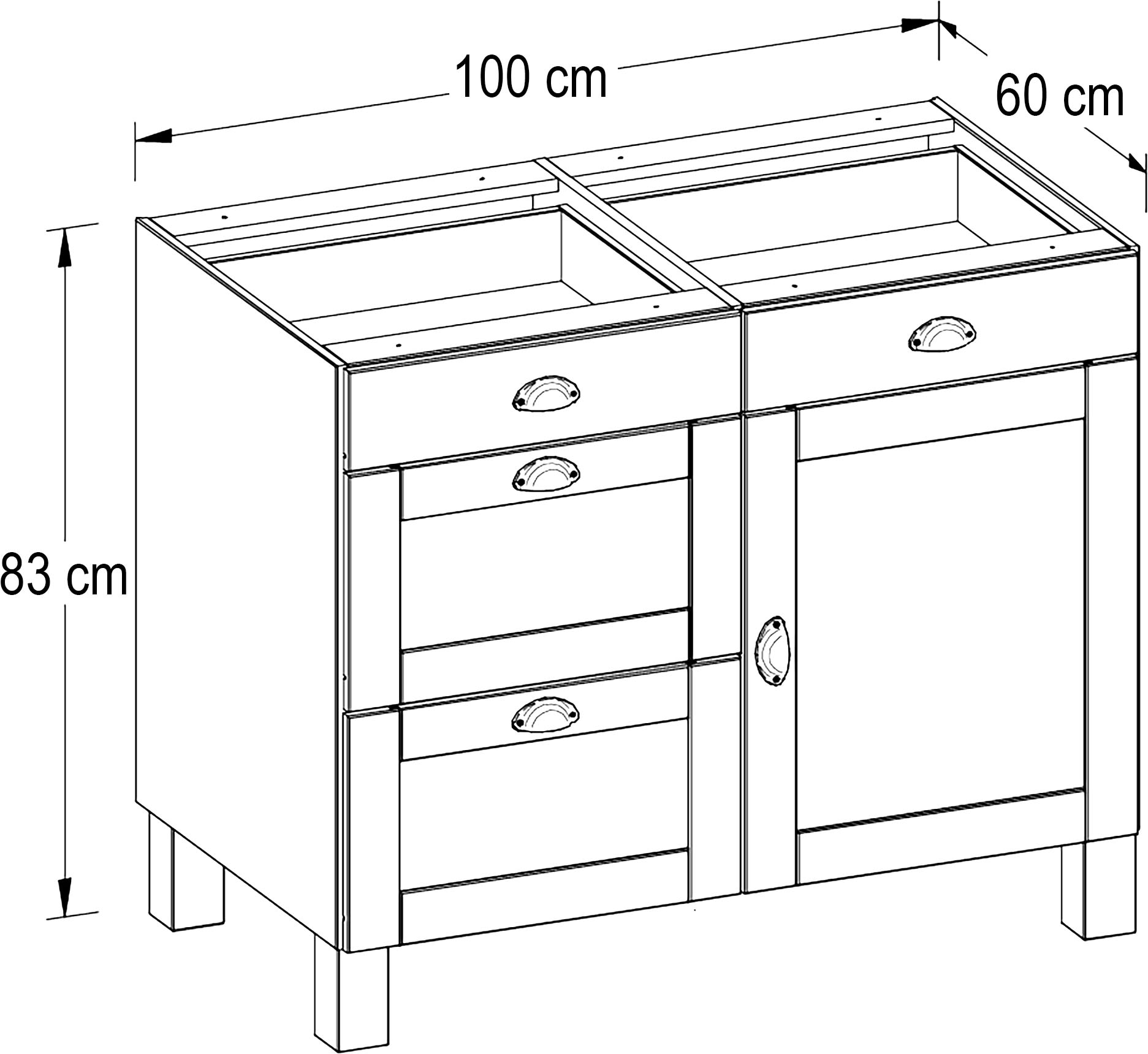 Home affaire Armoire basse »Oslo« 100 cm de large, sans plan de travail, 2 tiroirs, 2 coulisses