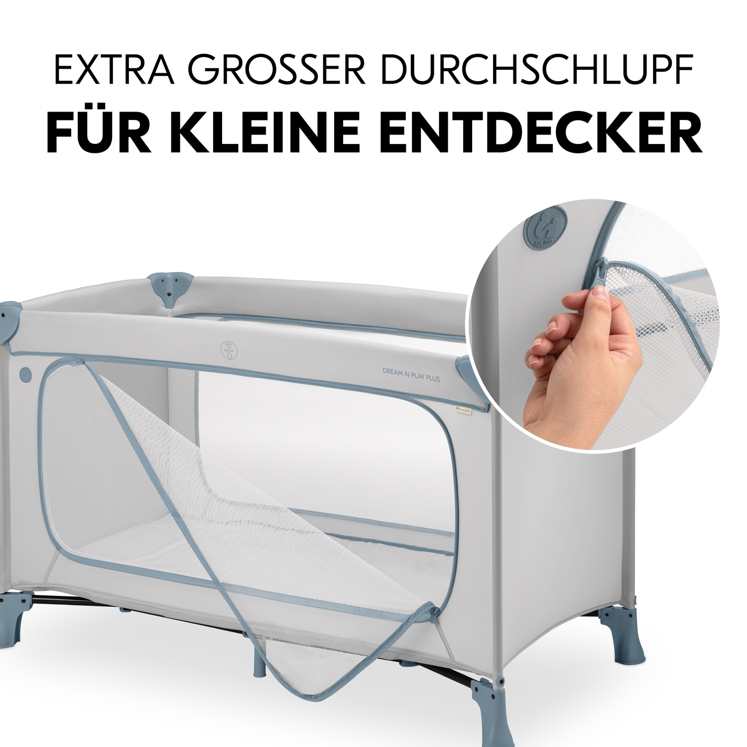 Hauck Baby-Reisebett »Dream N Play Plus, Dusty Blue« Vorderausstieg