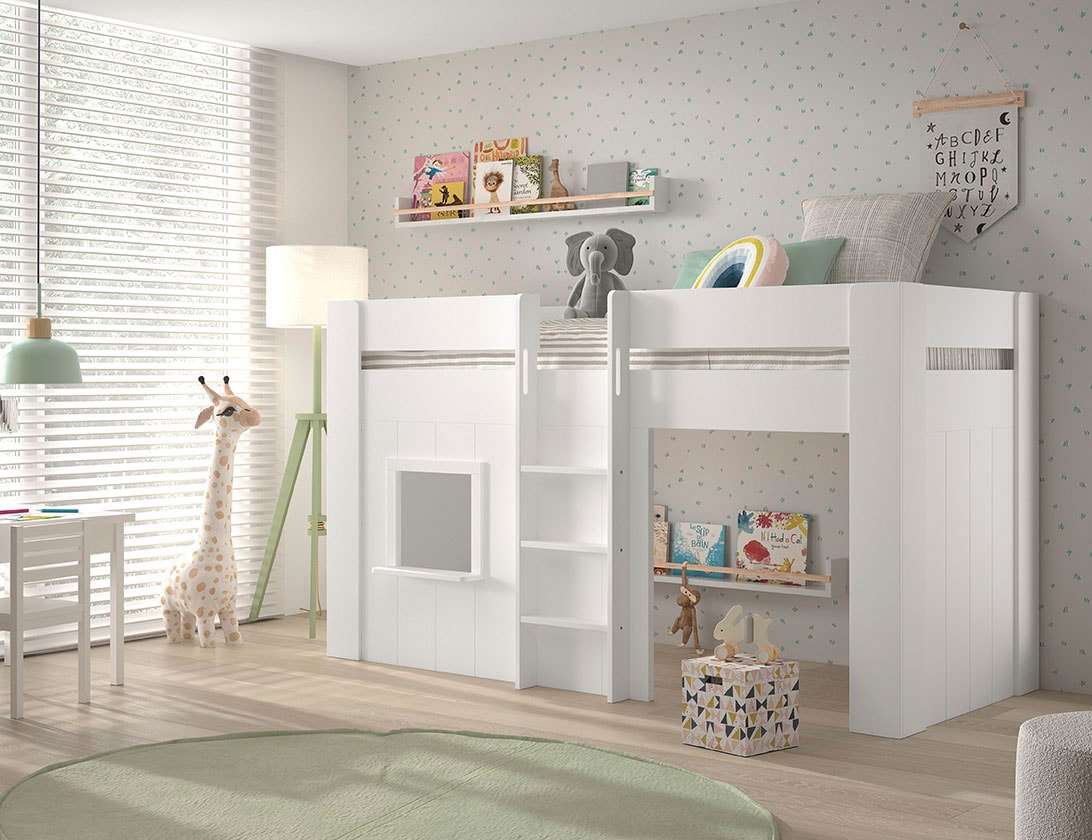 Vipack Hochbett »Reno, ein tolles Hüttenbett mit hoher Standfestigkeit, weiss lackiert« B/H/T ca. 206x120,1x105cm, Leiter mittig, Fenster und Absturzschutz,  inkl. Rolllattenrost, Rückseite offen und Spielfläche unter dem Bett