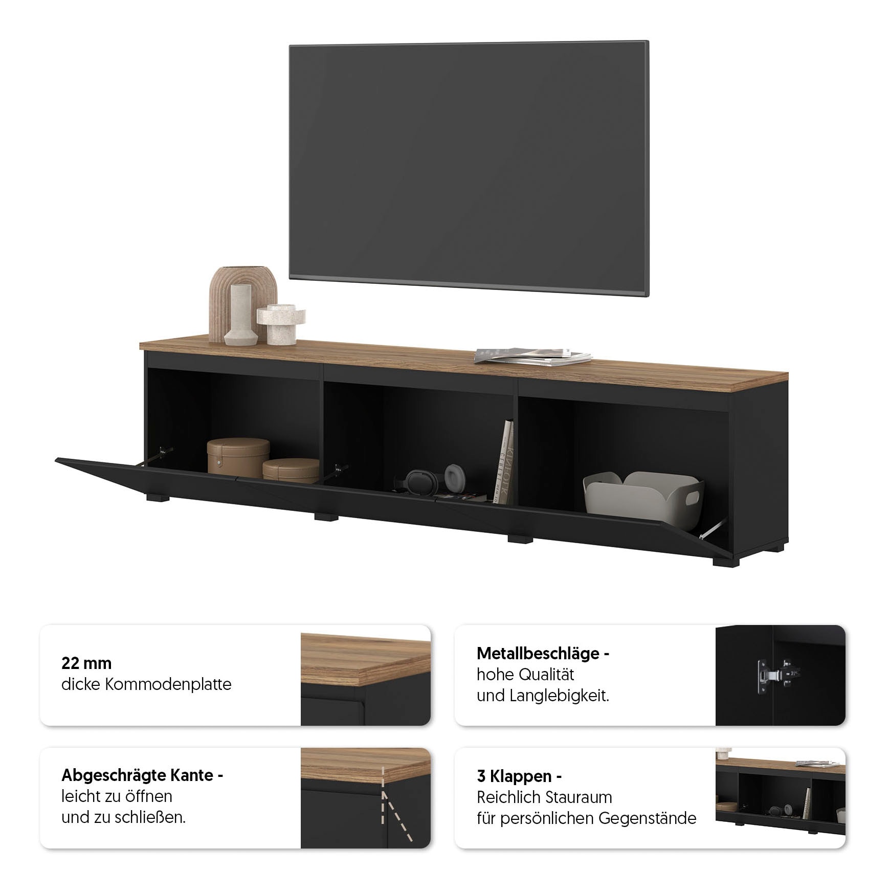 GOODproduct Lowboard »Modo, Breite 200 cm, moderne grifflose TV-Kommode 3 Klappen« TV-Kommode mit viel Stauraum, TV-Bank