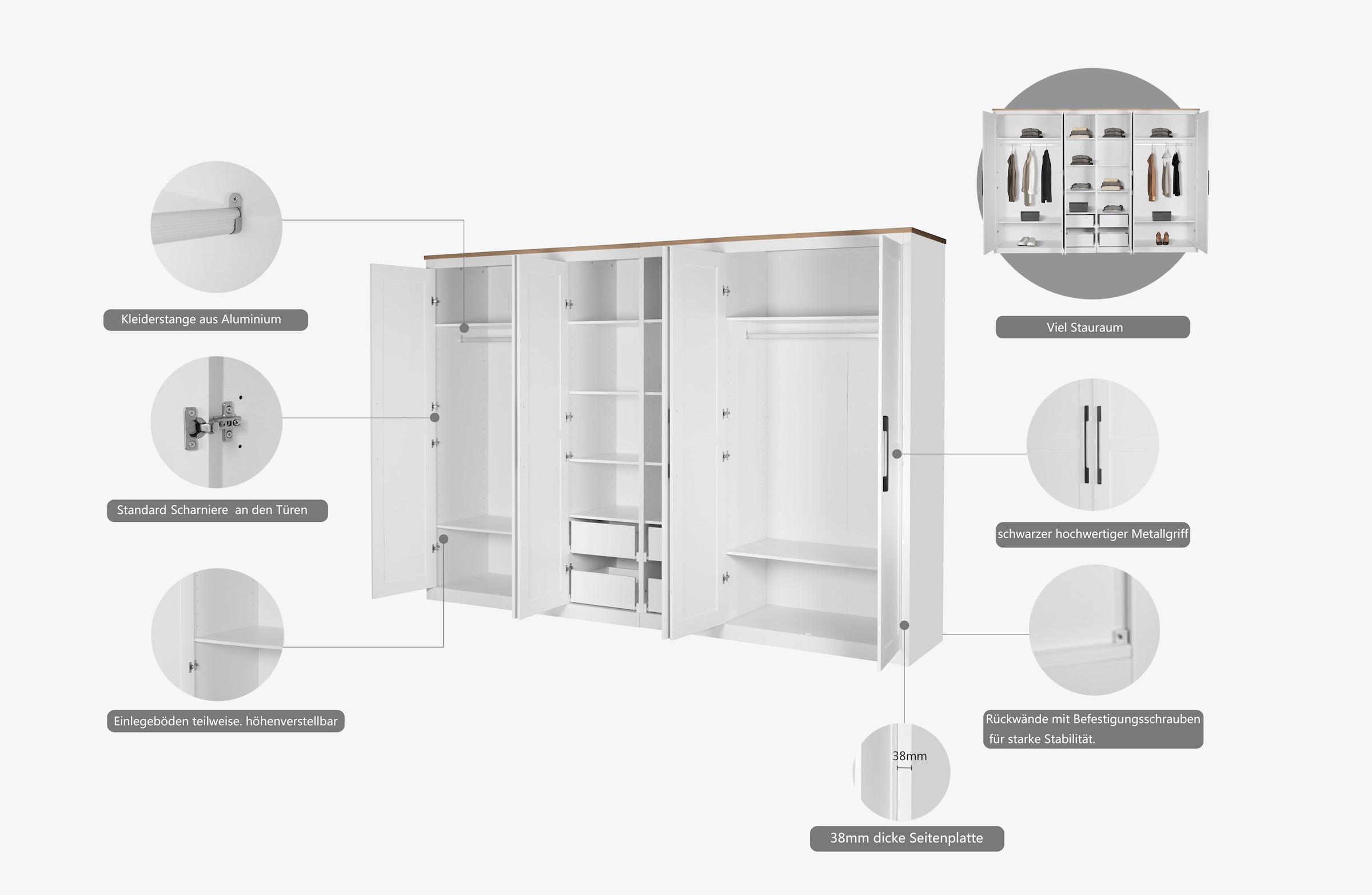 GOODproduct Armoires à vêtements »Büsum Schlafzimmer Schrank mit 6 Türen« Construction robuste et stable avec répartition optimale - largeur 3 m,  Armoire de chambre style campagne garde-robe armoire best-seller