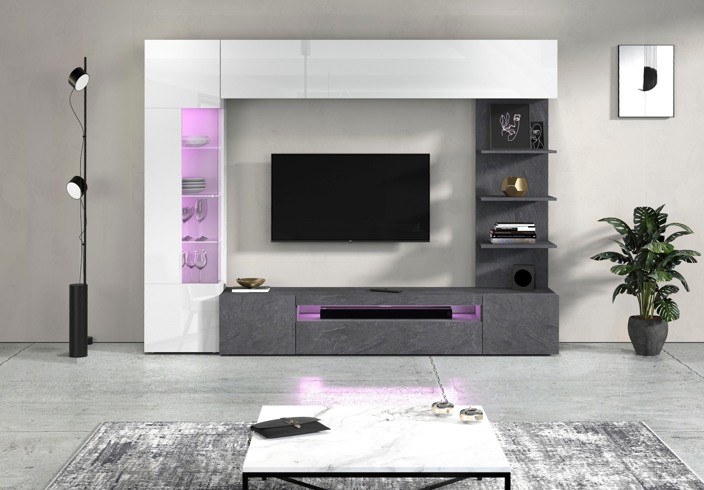 GOODproduct Meuble mural »Wohnwand New Egypt, Anbauwand, Medienwand, Wohnzimmerwand« Blanc laqué, toutes les autres couleurs en finition mate., 4 cuis tlg.