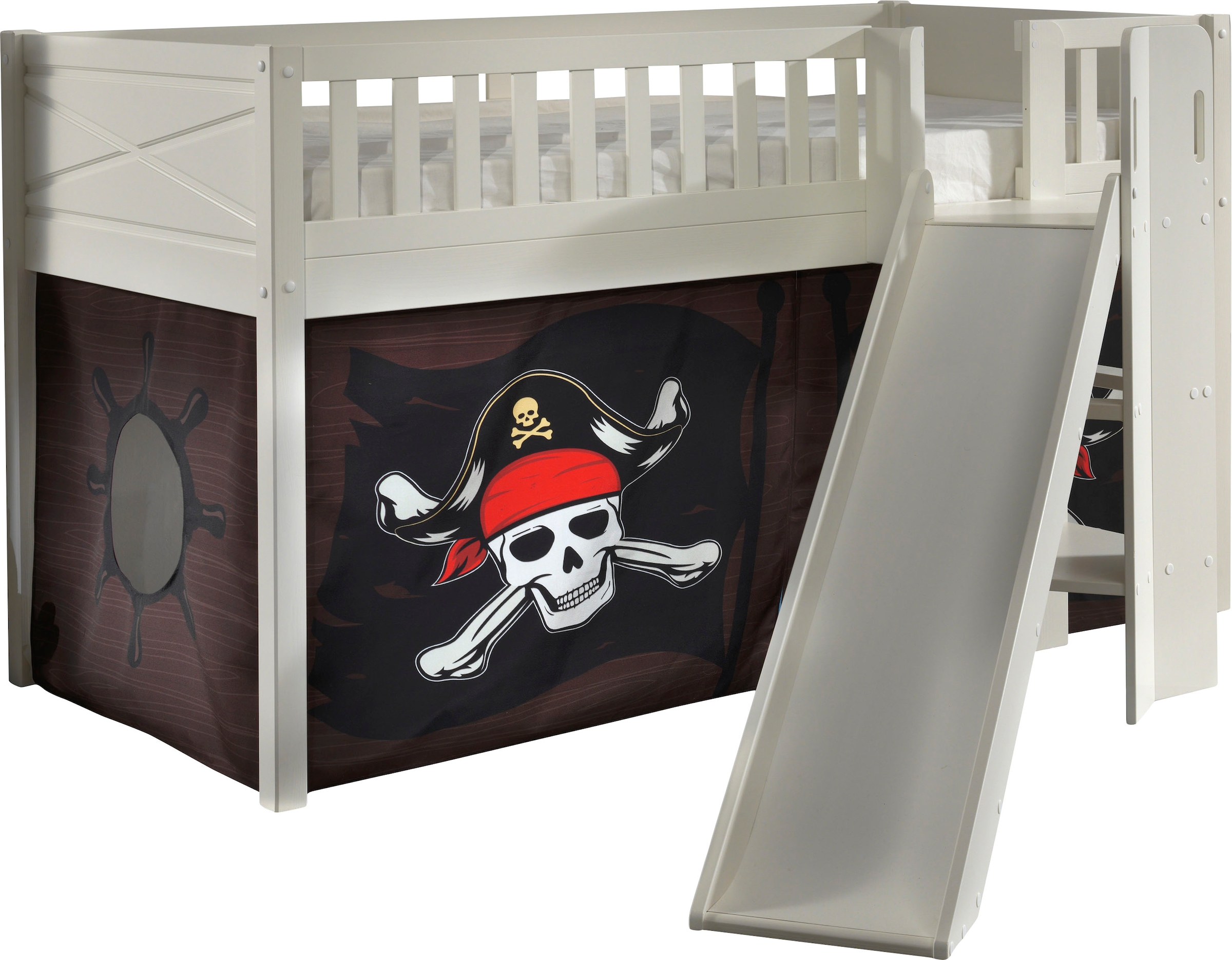 Vipack Lit superposé »Scott« L/H/P env. 207,6x114x203,7 cm, tête/pied de lit fraisés, construction solide,  avec tour d'escalier antidérapant, LF 90x200 cm, rideau inclus, 7 designs