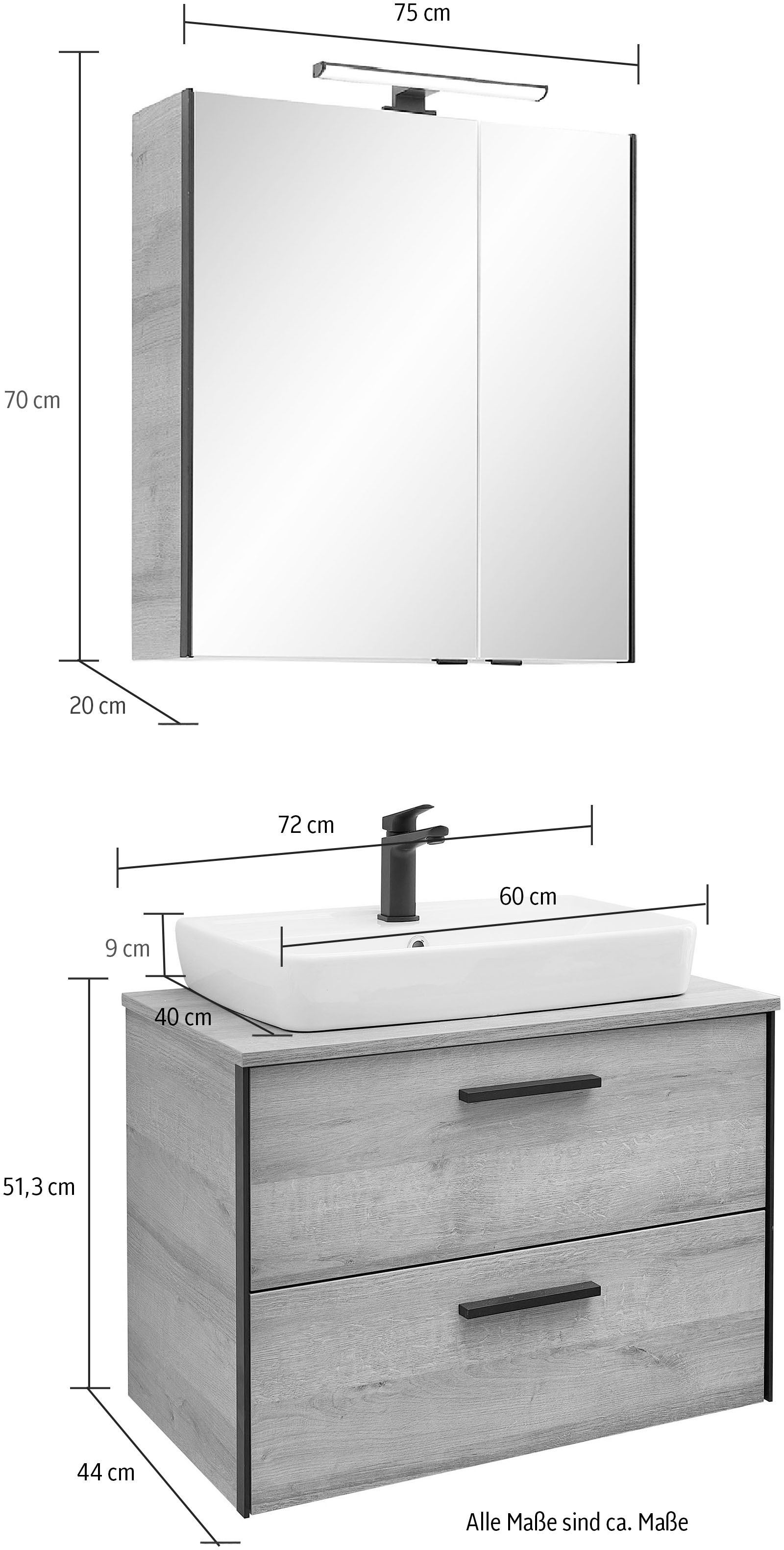 Saphir Ensemble de meubles de salle de bain »Quickset 395 2-teilig, Keramik-Aufsatzbecken mit LED-Spiegelschrank« 4 cuis tlg.