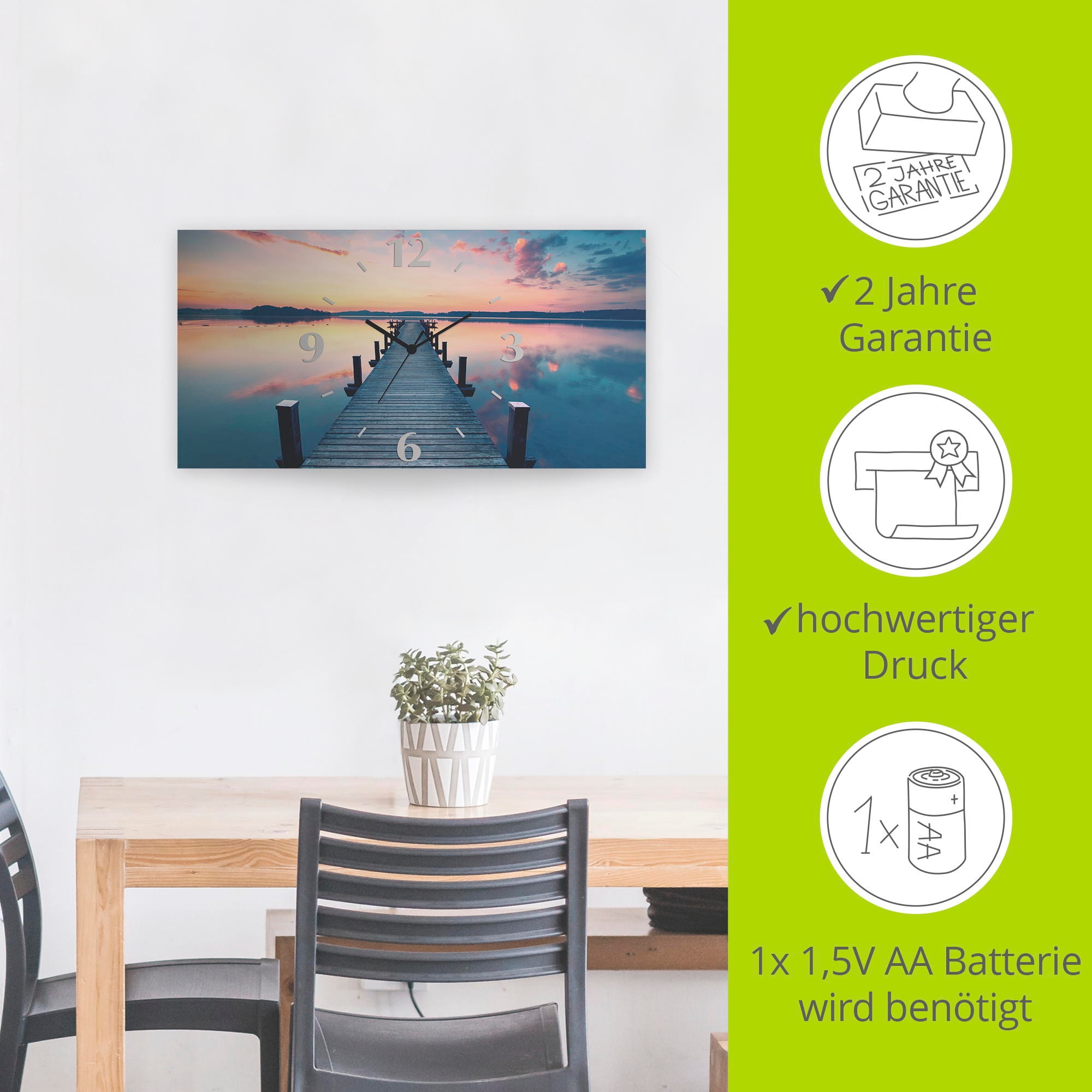 Artland Wanduhr »Langer Pier am See im Sonnenaufgang« wahlweise mit Quarz- oder Funkuhrwerk, lautlos ohne Tickgeräusche