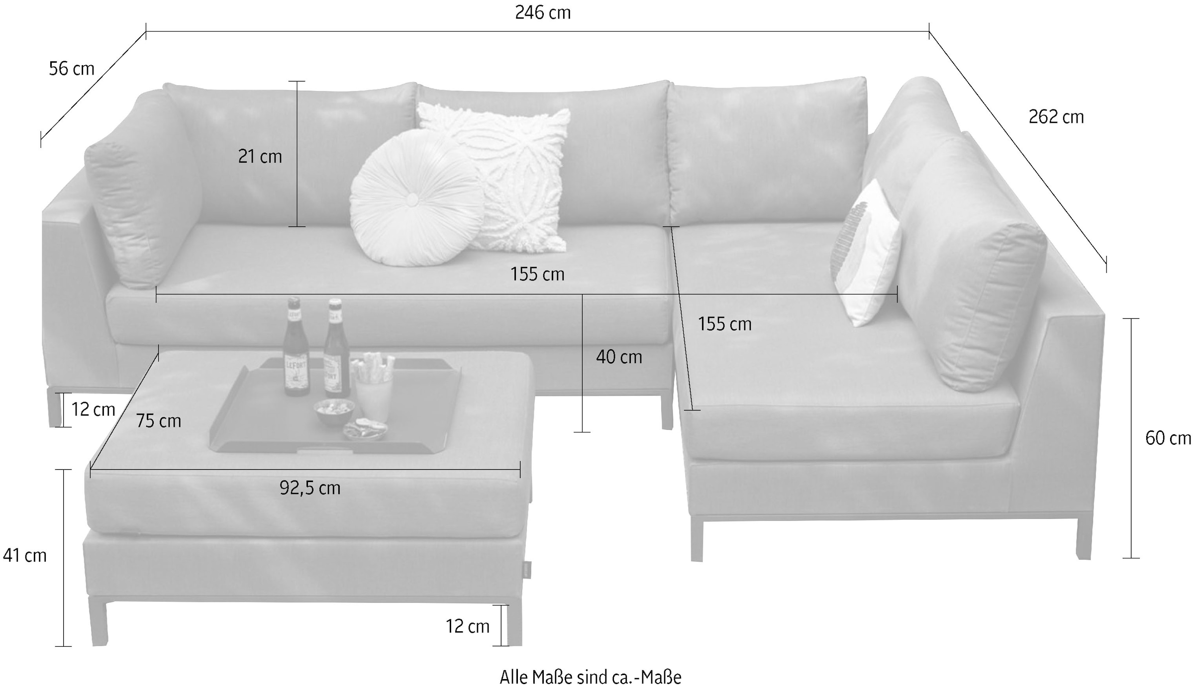 WOOOD Canapé d'angle »Sicilié Aluminiumgestell Dyed Acrylic-Stoff, H 60 x B 246 x D 262 cm« capacité de charge totale 500 kg, résistant aux UV et à l'eau chlorée