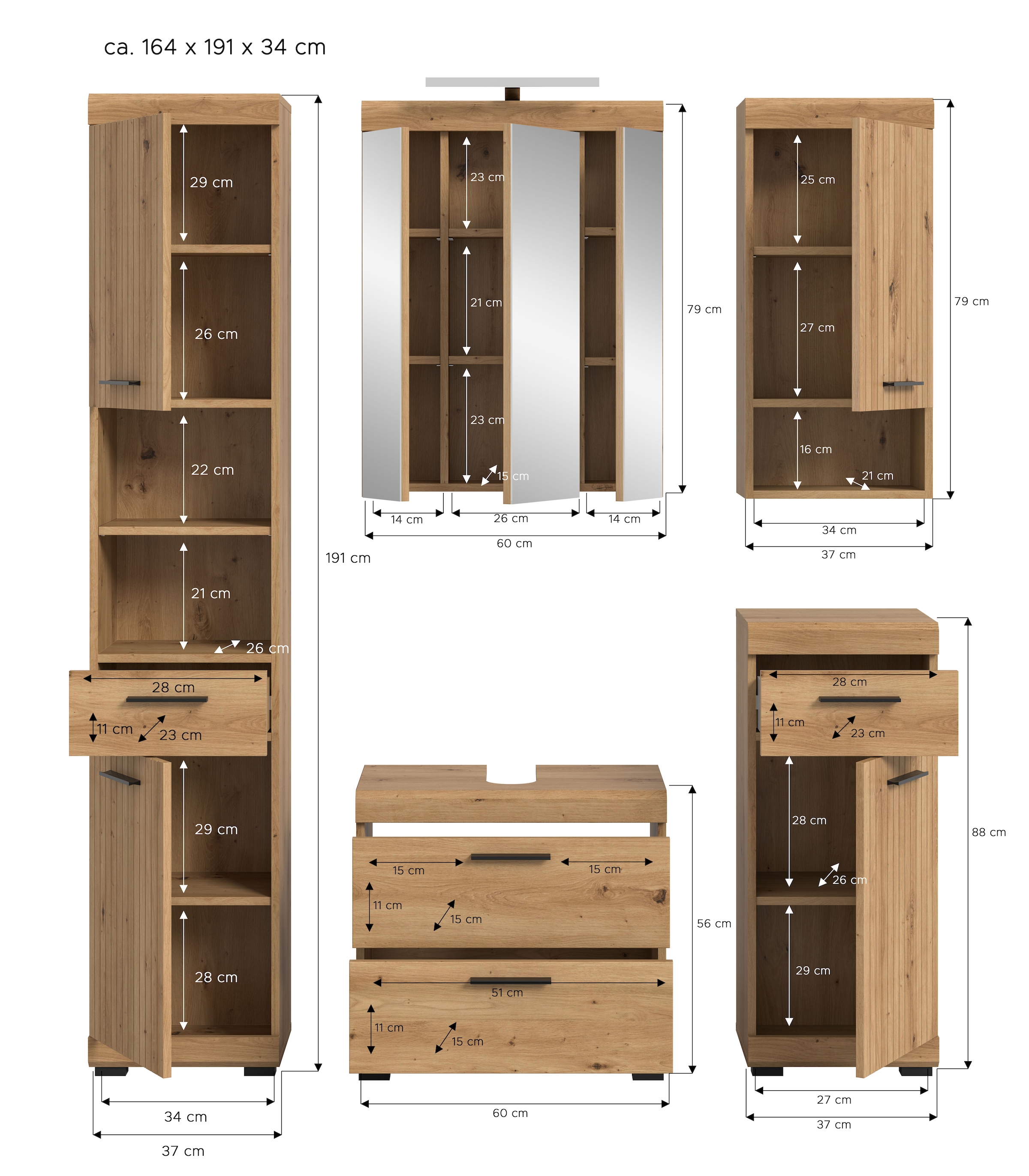 welltime Ensemble de meubles de salle de bain »SIENA, 5 teilig, inklusive LED Beleuchtung, bestehend aus:« Ensemble, BEST-SELLER !, 5 cuis tlg.