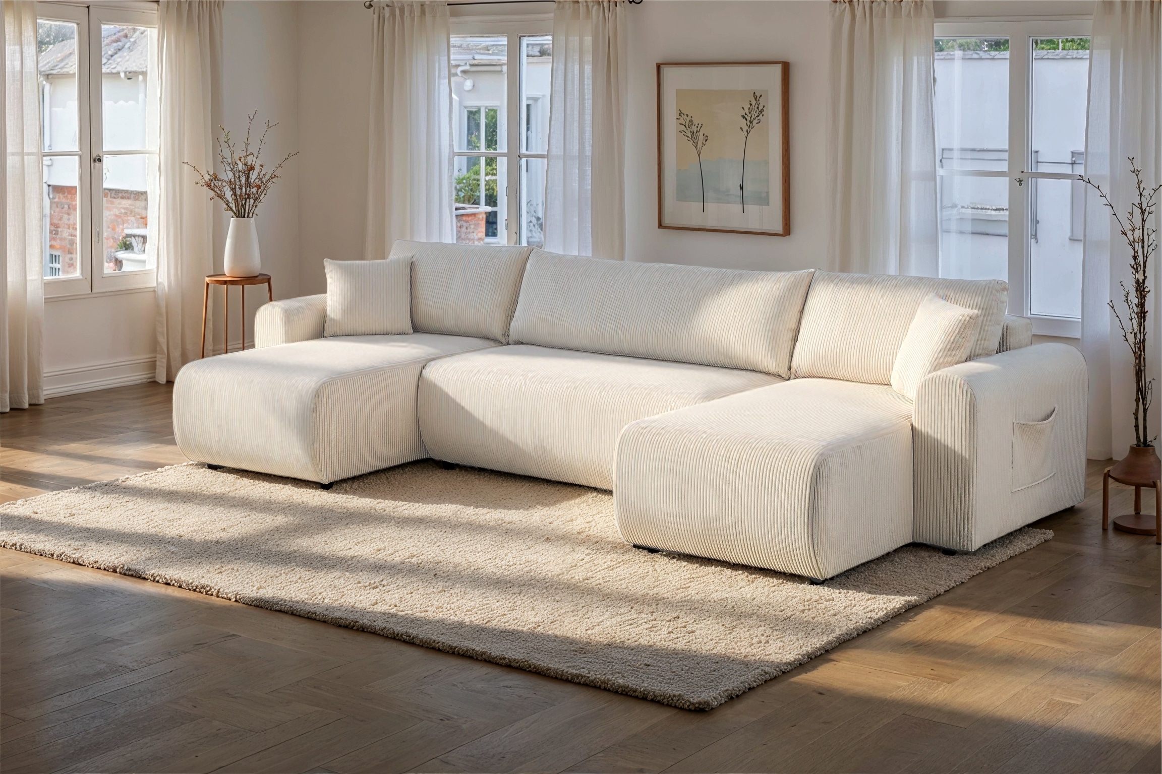 GOODproduct Wohnlandschaft »JONAA, 311 cm, U-Form, Schlafsofa, Boxspringfederung, Cord u. Struktur« 133/270cm, Bettkasten, Seitentaschen, Cord und Struktur