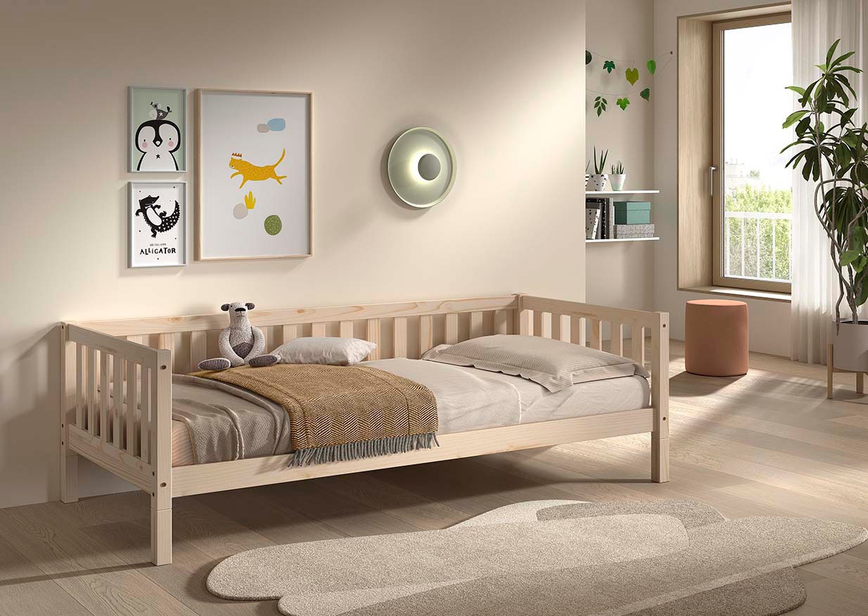 Vipack Lit d'enfant »Dallas, Massivholzbett, umbaubar vom Boden- zum Daybett« Incl. sommier à lattes roulantes et cadre à barreaux, largeur 90 ou 140x200 cm,  construction stable et solide, en pin massif naturel ou blanc au choix