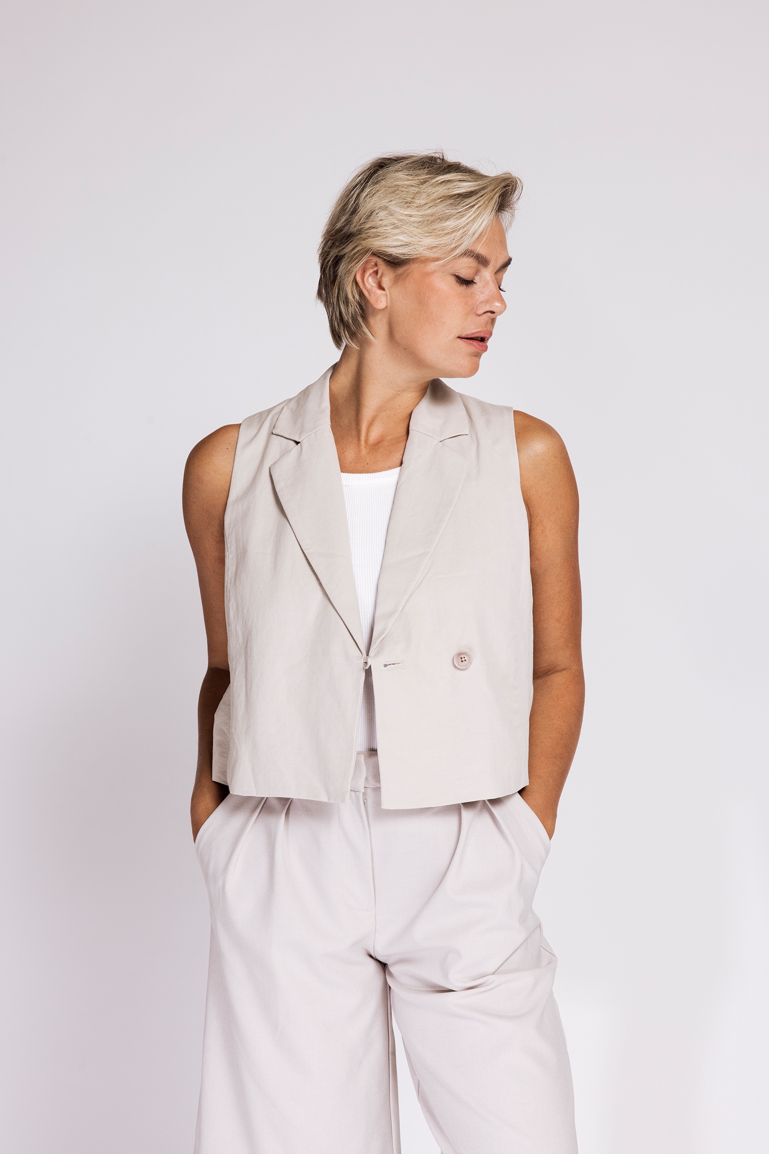 Zhrill Gilet de costume »RUE Anzugweste« en mélange de coton léger, coupe décontractée, col revers