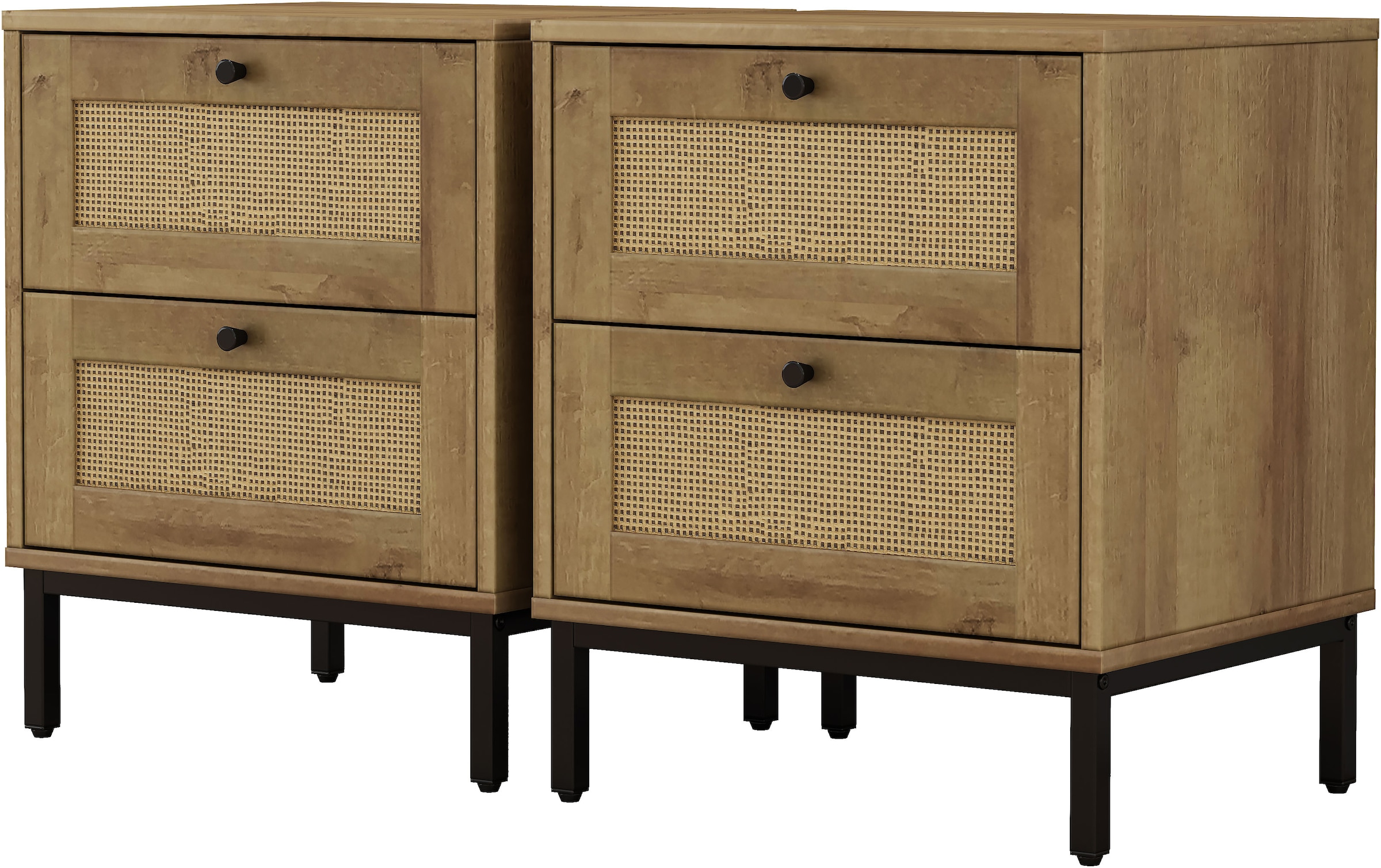 GOODproduct Nachtkommode »Motala Schlafzimmerschrank Garderobe Boho Eichen-Design« Set, 2 Schränke im Set - Eichen-Design mit schwarzen Griffen,  Nachttisch Set mit je 2 Schubladen mit wiener Geflecht optik