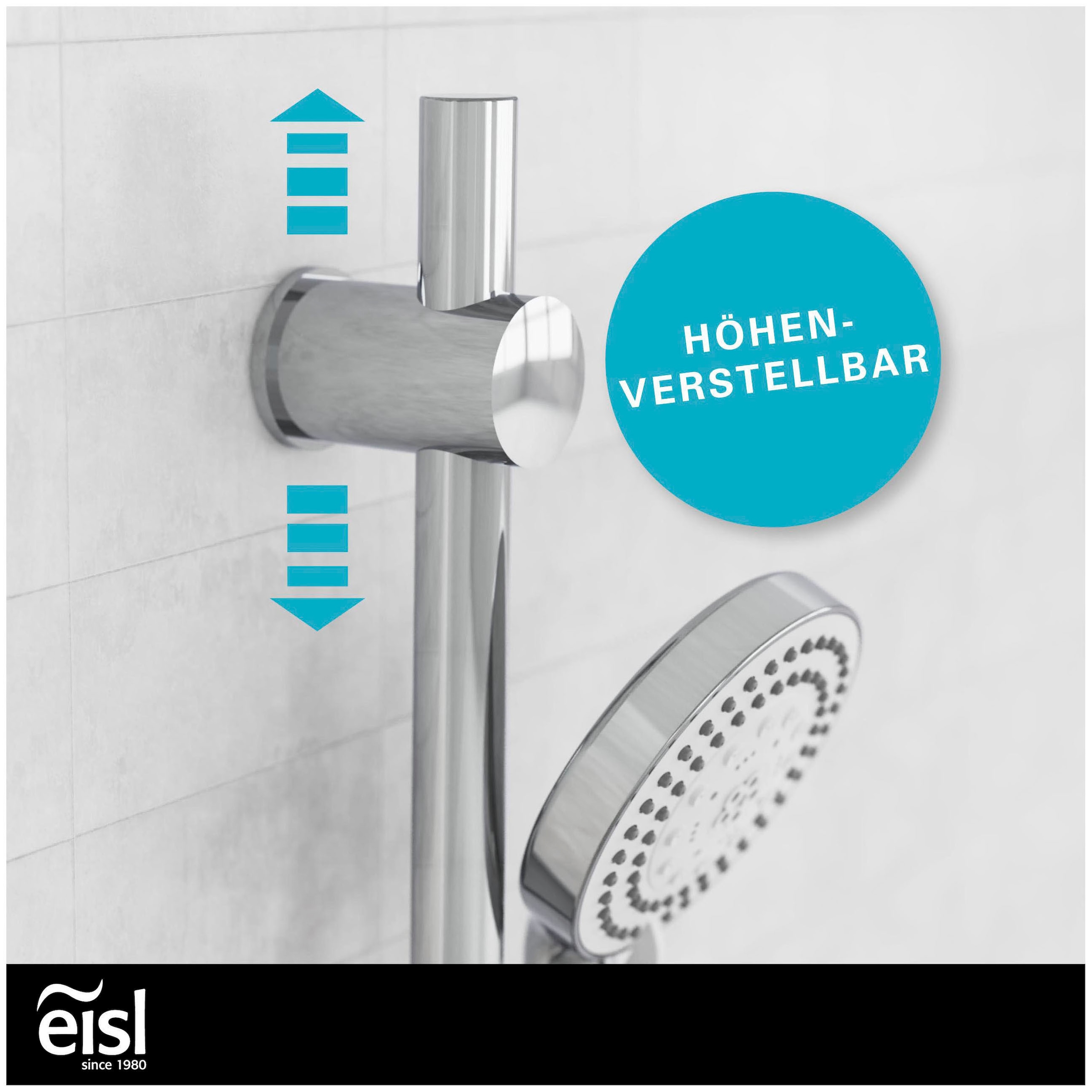 Eisl Stangenbrause-Set Duschkopf mit Schlauch und Halterung, Handbrause mit 8 Funktionen