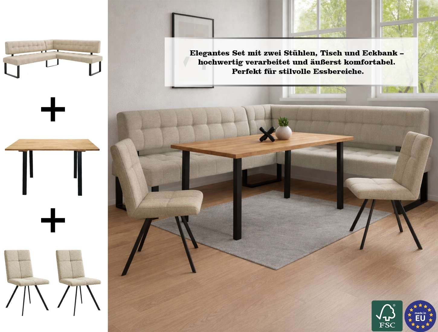 Home affaire Ensemble de bancs d'angle »Mia Essecke, Sitzgruppe, Eckbankgruppe, Küchenbankgruppe« Set, 4er, 4 tlg. Eckbank mit Wellenfederung; Tisch in Eiche massiv