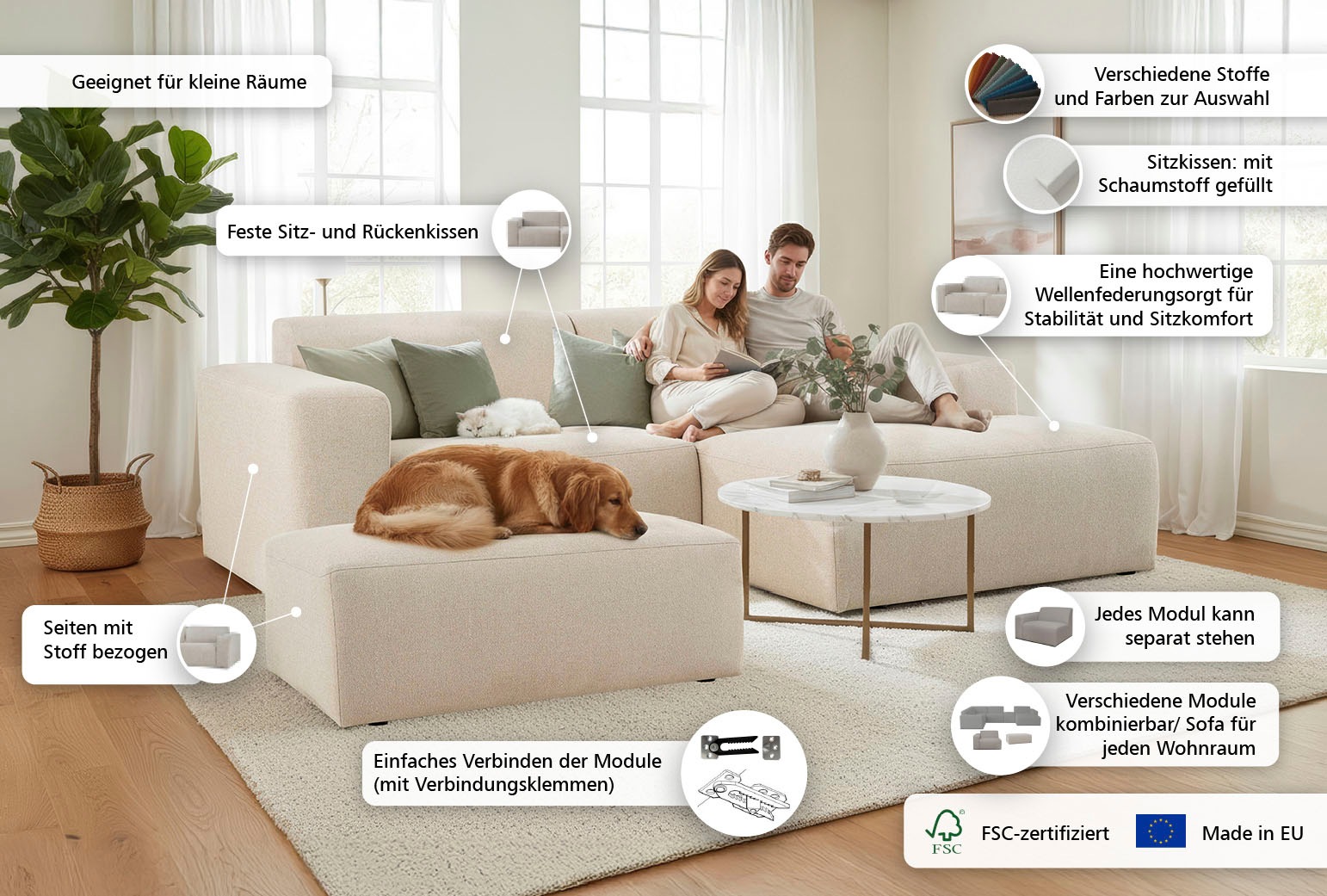 INOSIGN Ecksofa »Koa,228cm, L-Form, Modulsofa, Webstoff, Cord, Struktur, Chenille« Designsofa, Set, Hocker inklusive, weicher Lounge-Sitzkomfort