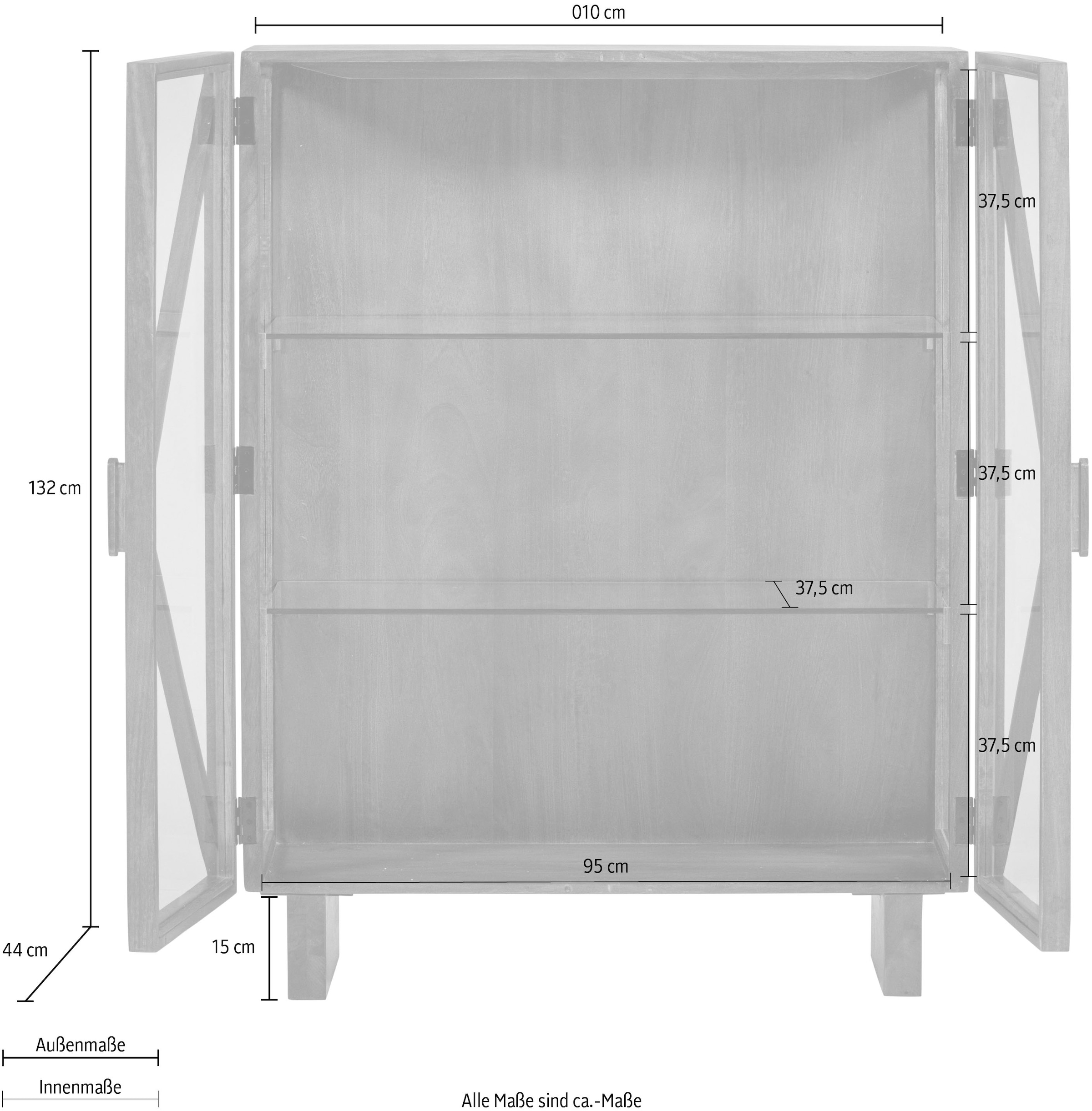 WOOOD Vitrines »Kella Mangoholz mit Glastüren und Glasablagen B 100 x D 44 x H 132 cm« fixation murale recommandée, capacité portante 5–7 kg par tablette en verre
