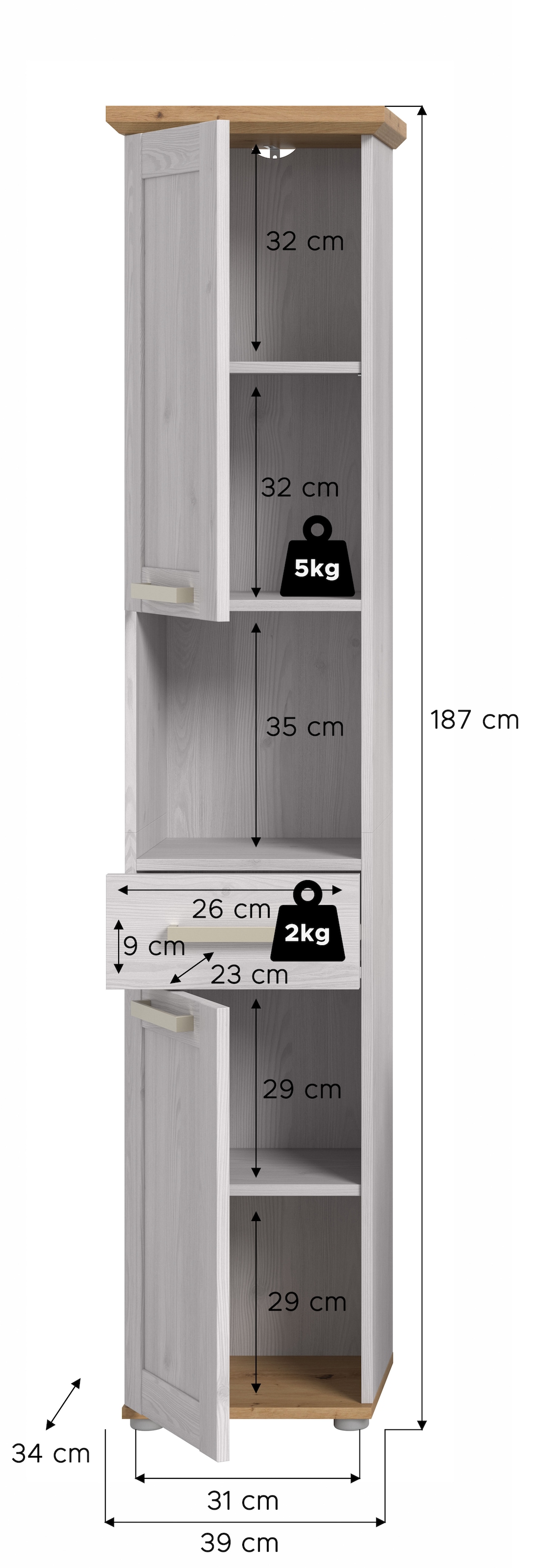 welltime Armoire haute »COSENZA, Höhe 187cm, 2 Türen, 1 Schubkasten, 1 offenes Fach« in Landhausoptik, mit weiteren Artikel der Serie kombinierbar, 1 cuis tlg. Hochschrank, Bad, Badezimmerschrank