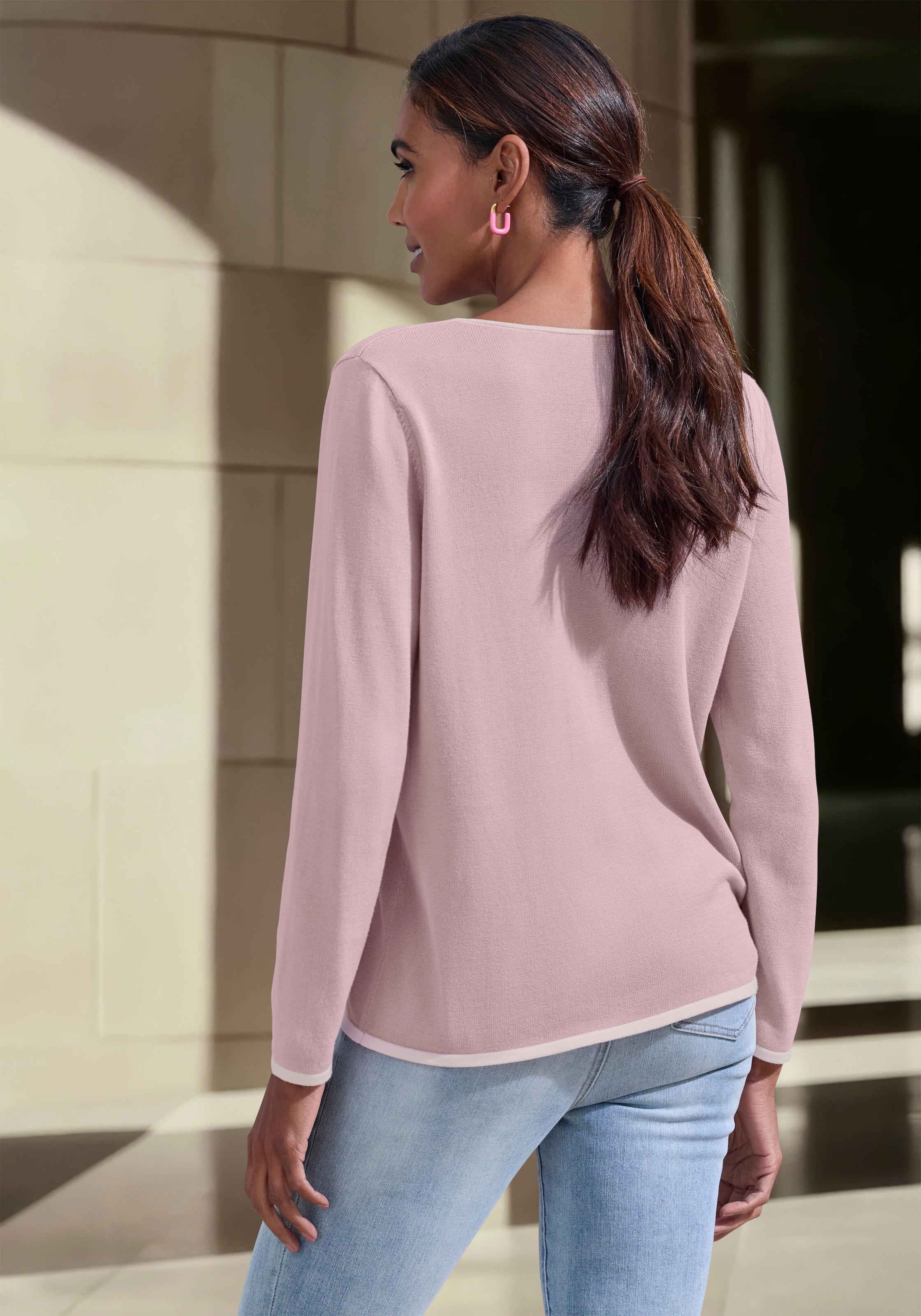 Vivance Pull col V avec bords contrastés, pull basique en maille fine douce, décontracté