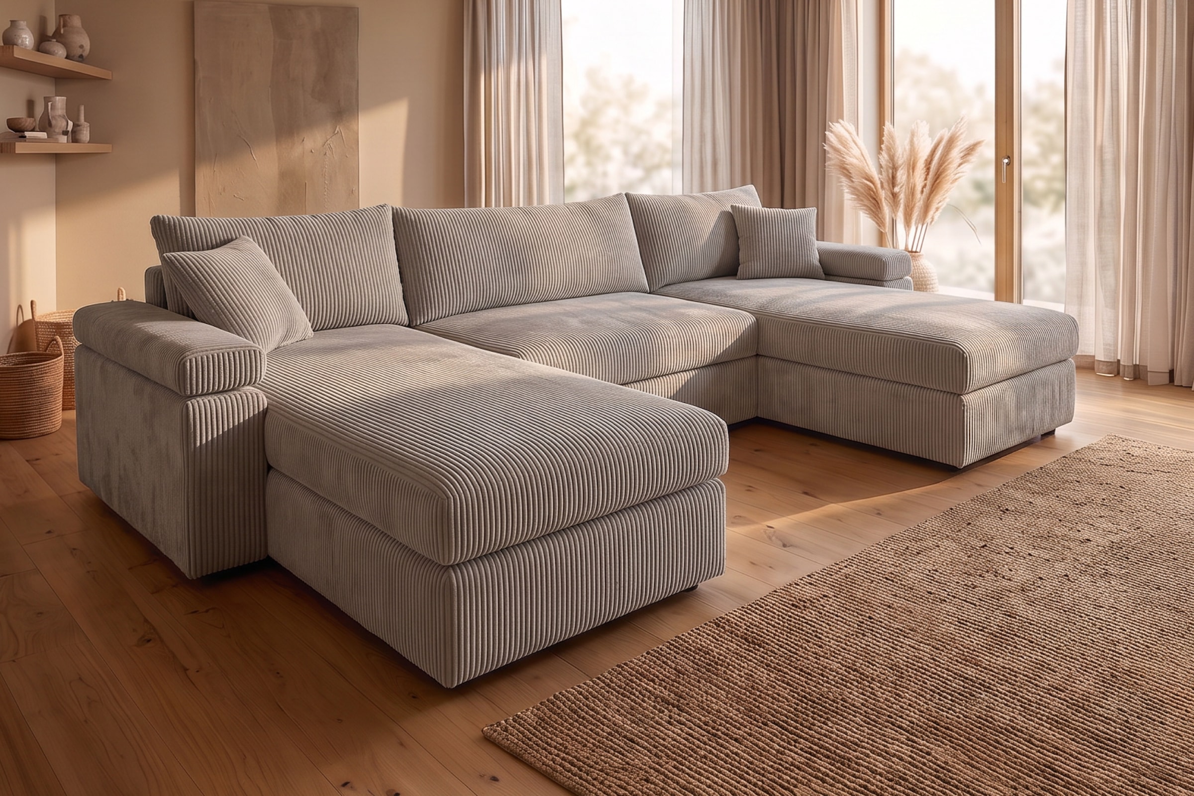 GOODproduct Paysage de salon »Cosy U-Form, B: 309 cm, XXL-Wohnlandschaft mit Federkern« 2 coussins décoratifs, Mega-Sofa, velours côtelé ou structure douce, rembourrage en mousse froide