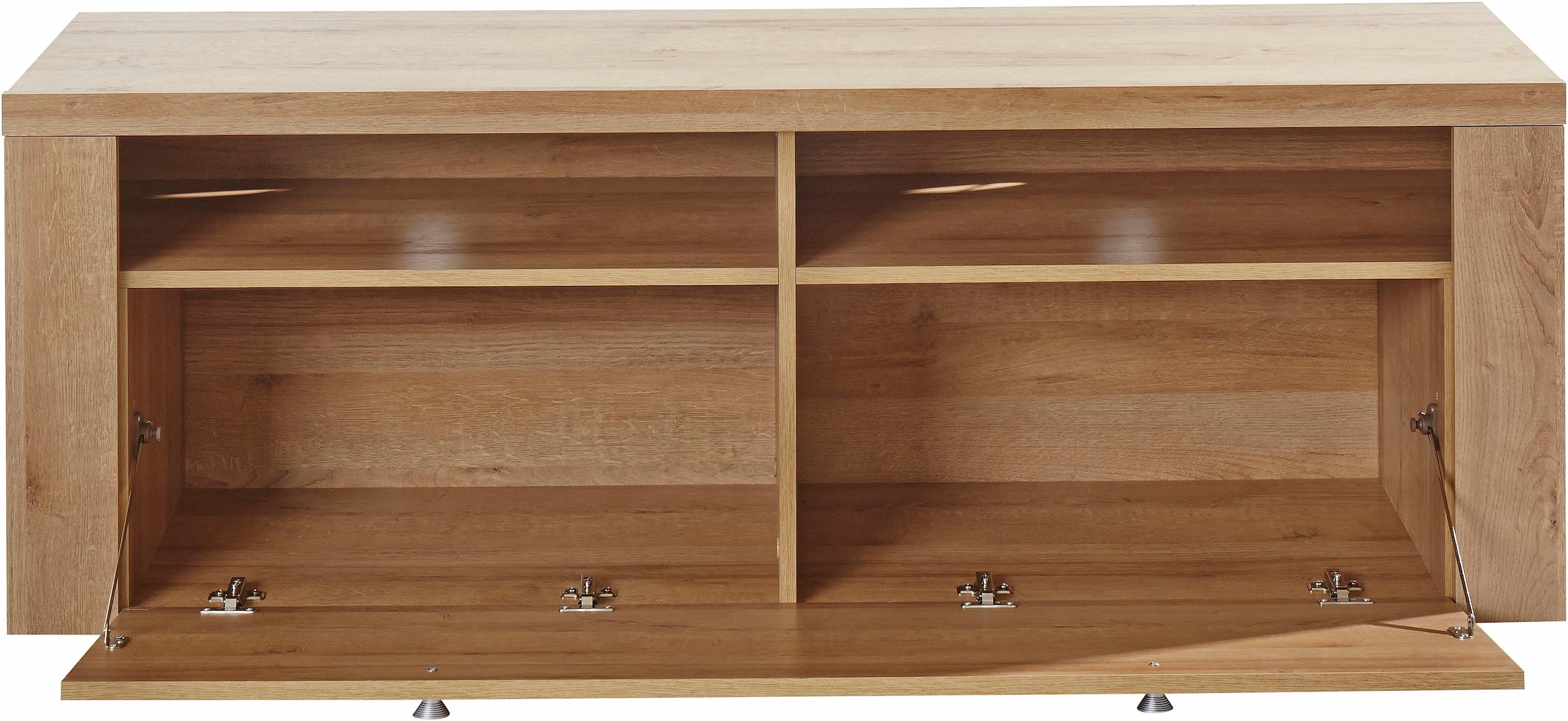GOODproduct Table basse »Larona, zeitloses TV Board mit 1 Klappe und 2 offenen Fächern« Largeur 140 cm, banc TV, beaucoup de rangement, look cadre décoratif