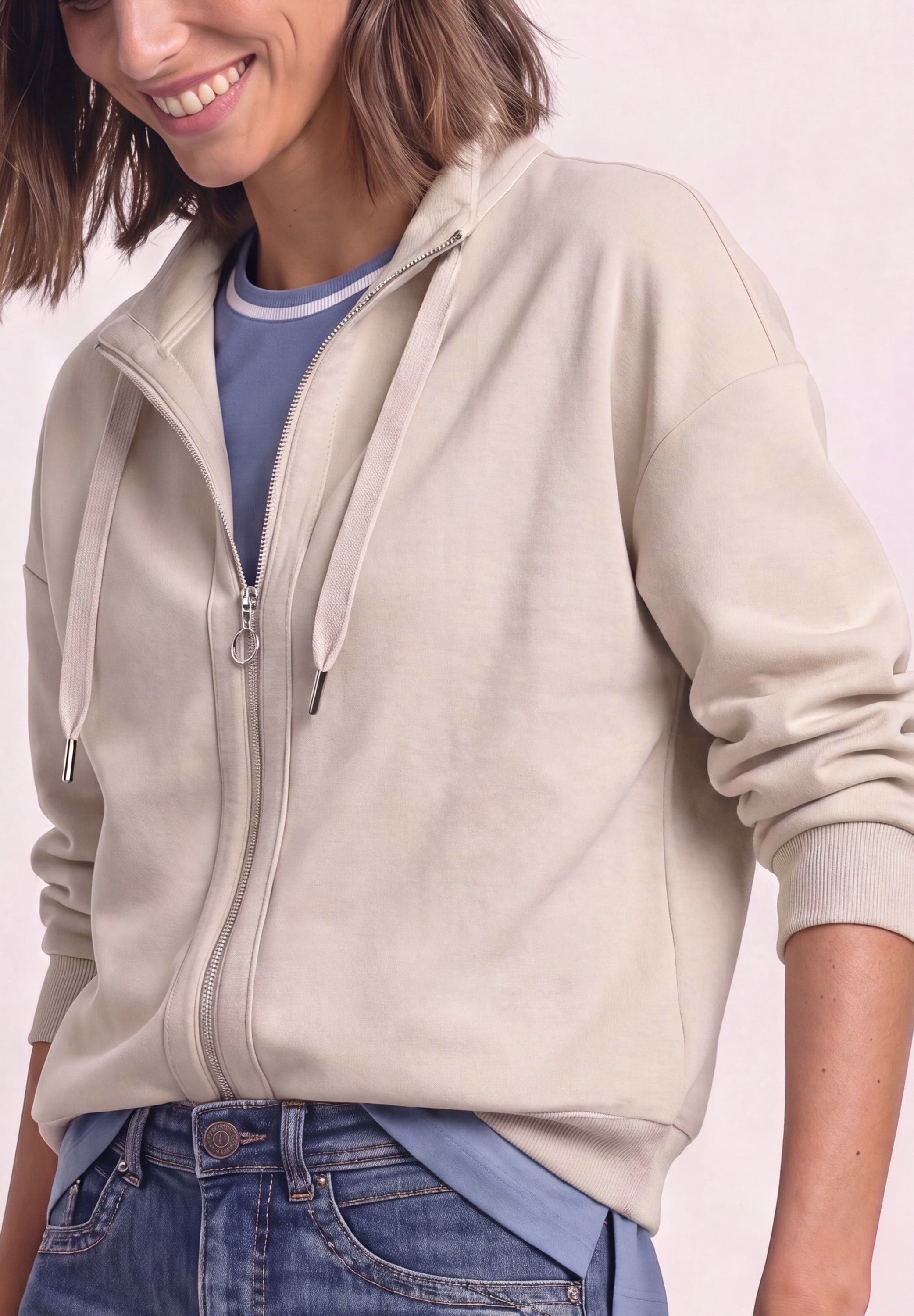 STREET ONE Veste sweat veste manches 3/4 en look soie avec détails côtelés