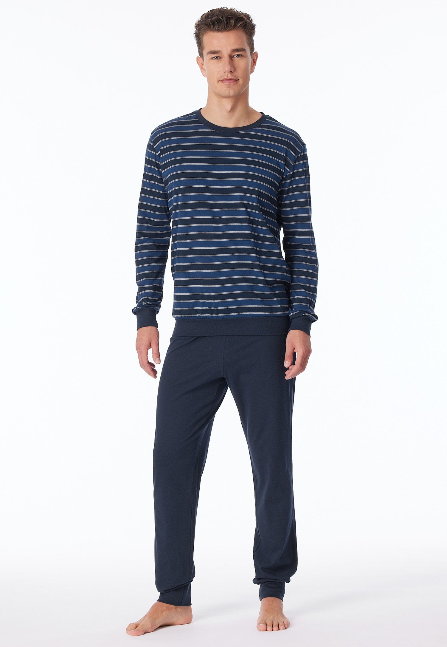 uncover by SCHIESSER Schlafanzug 2 tlg. Rundhalsausschnitt, Langarm, Single Jersey, feine Blockstreifen