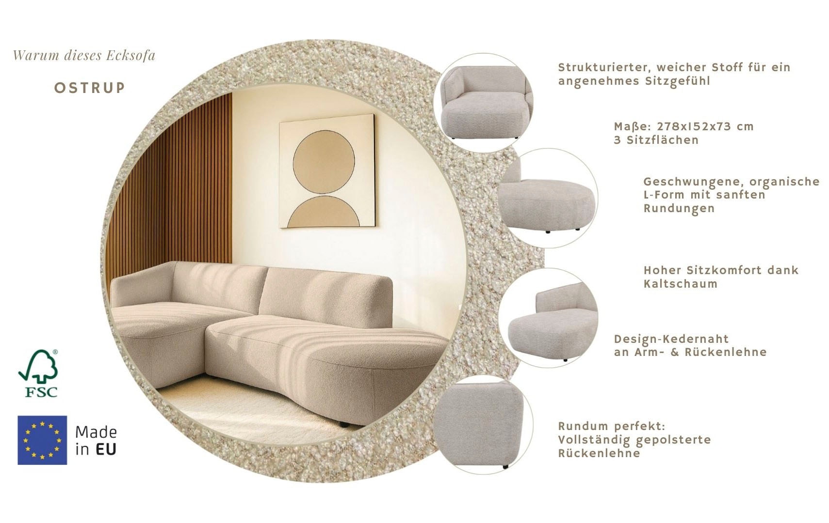 GOODproduct Canapé d'angle »OSTRUP Rundsofa, L-Form, Naturtöne, Boucle oder Chenille« largeur 278 cm, forme organique aux courbes douces