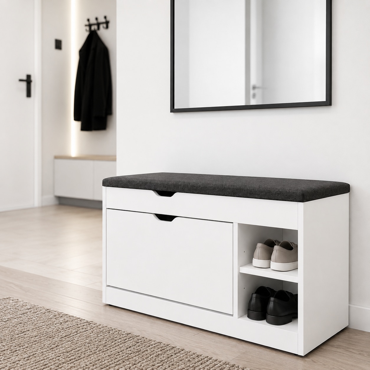 GOODproduct Schuhbank »Eric, Schuhregal, Schuhtruhe, Schuhkommode, Sitzbank« Inkl. bequemem Sitzkissen, darunter 1 Klappe für Schuhe und 2 Fächer