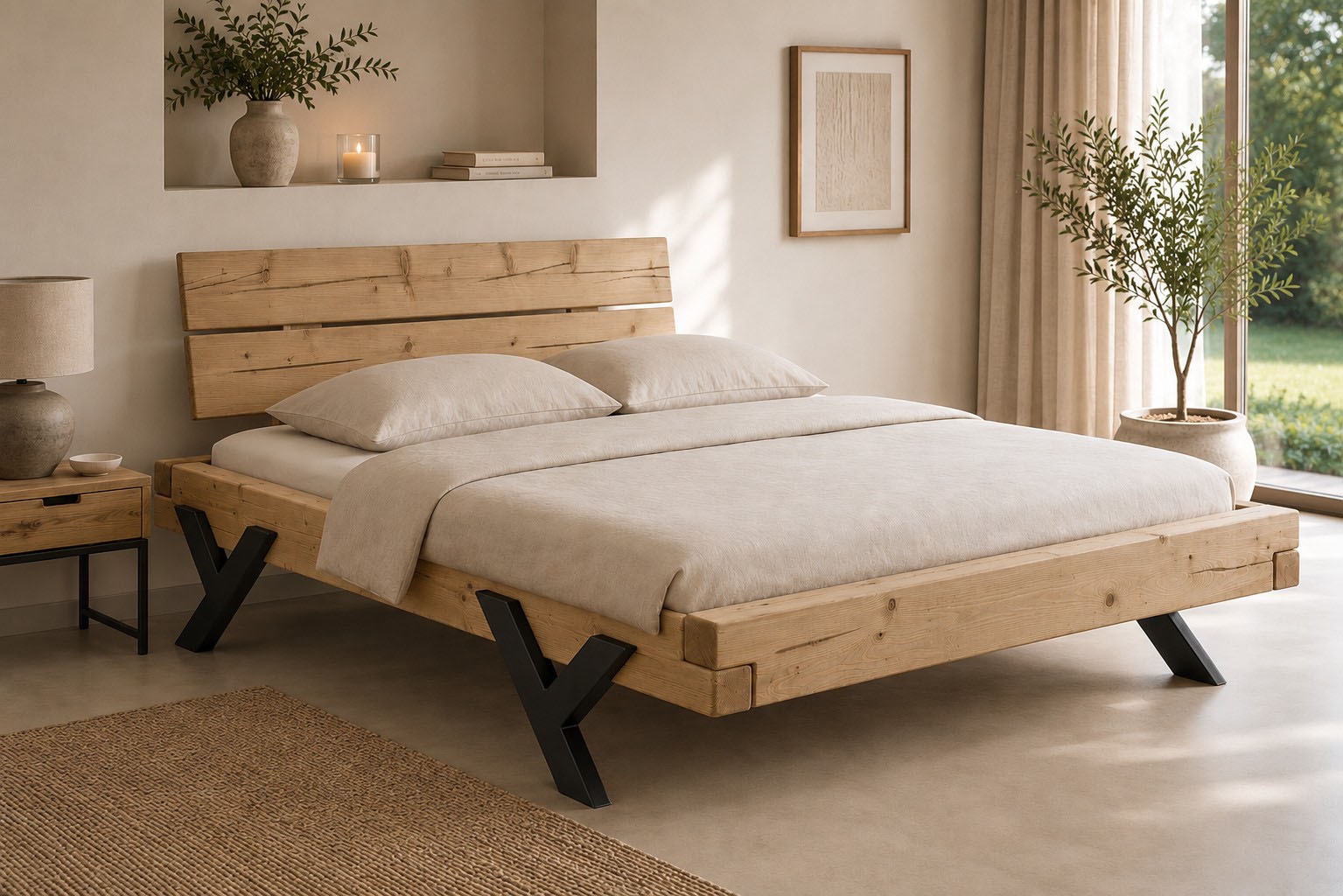 GOODproduct Massivholzbett »Ultima Balkenbett Doppelbett, Füsse aus Metall in Y-Form« hohe Belastbarkeit: 200kg je Seite,  FSC®-zertifizierte Wildeiche oder Fichte, viele Breiten zur Auswahl
