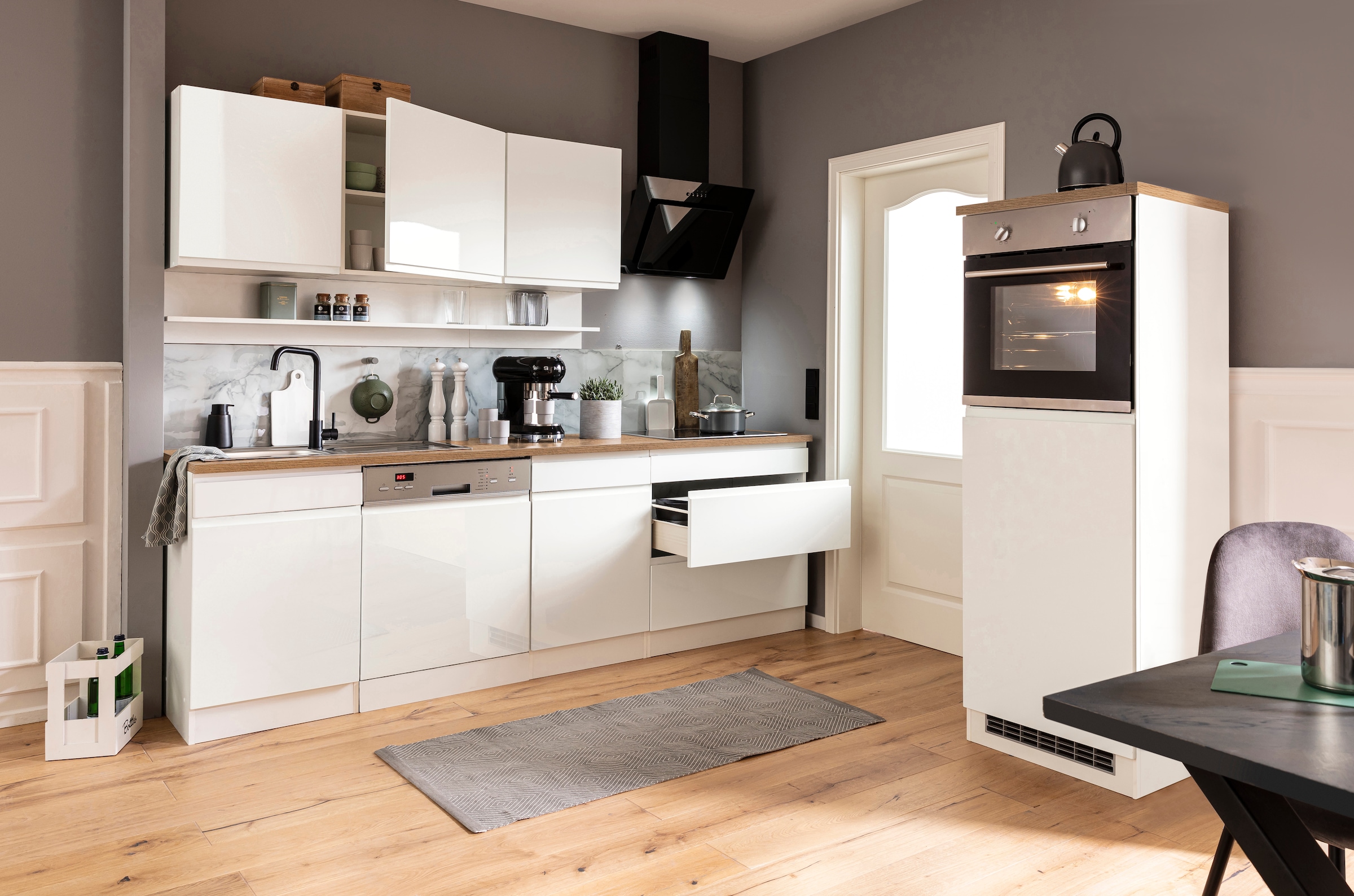 KOCHSTATION Kitchenette »KS-Virginia,neu in verbesserter Ausführung« plan de travail épaisseur 38 mm, rangement, fermeture douce,  largeur 300 cm, soft-close, sans appareils électriques