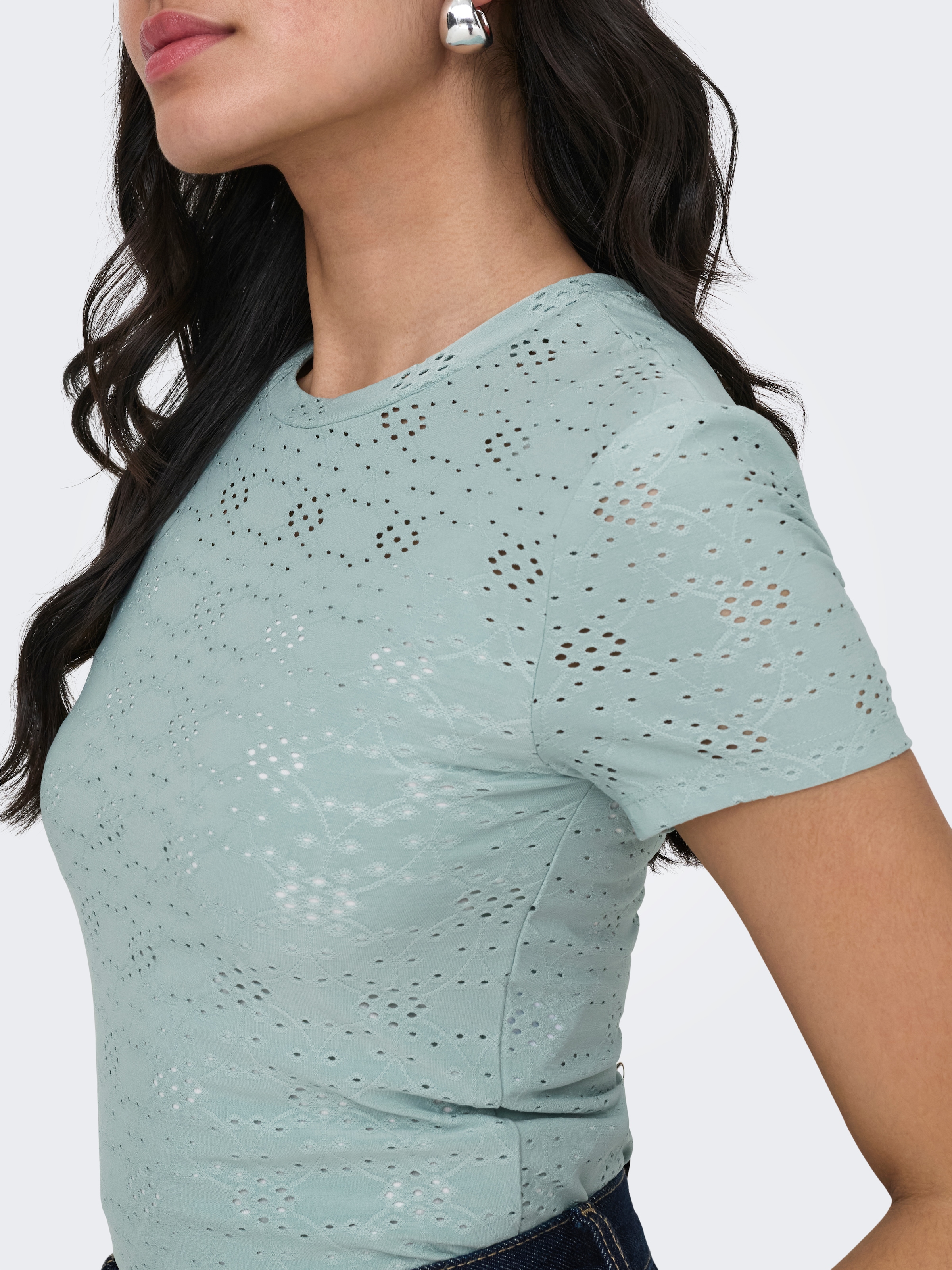 ONLY T-shirt »ONLSMILLA NEW S/S TOP JRS« mélange de matériaux, coupe slim, col rond