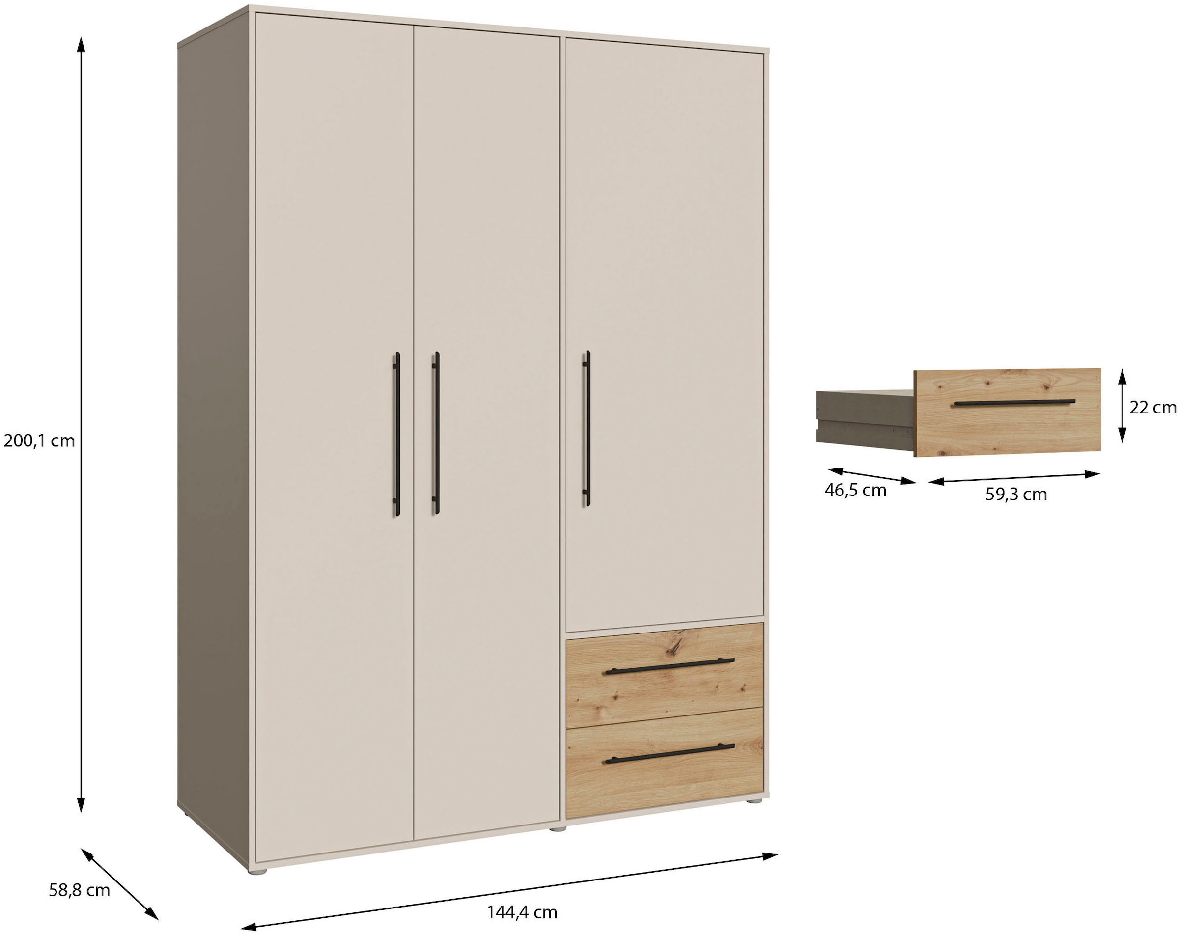 FORTE Armoires à vêtements »Mokkaris , Garderobe, zeitloses Design, 3 Türen, Made in Europe« L/H/P env. 144x200x59 cm,  Deux tiroirs, poignées barres noires, rangement, aussi en noir