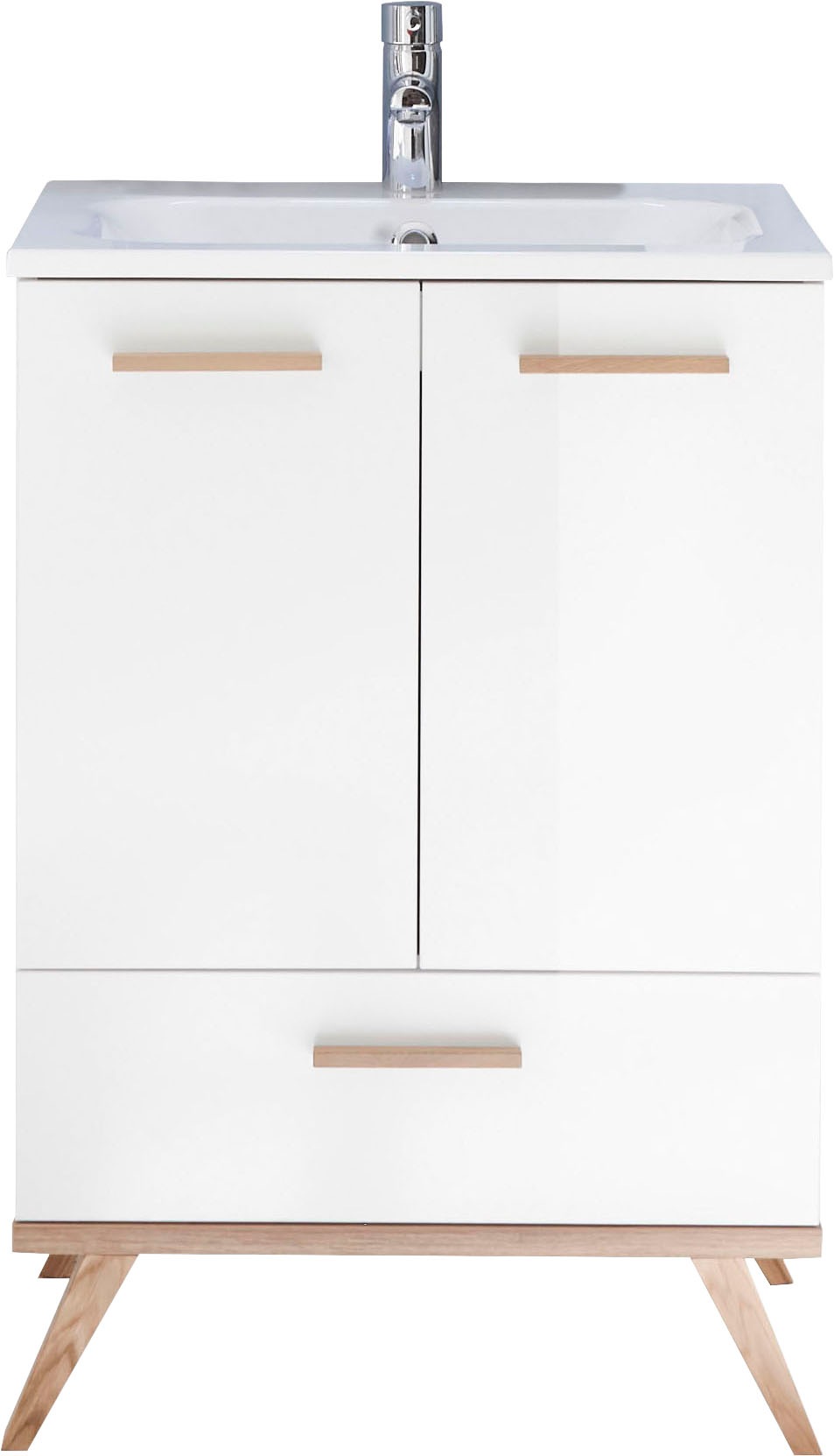 Saphir Table de lavage »Quickset Mineralmarmor-Waschtisch mit Unterschrank, 61 cm breit« Poste de travail, poignées en bois, incl. amortisseur de porte, 2 portes, 1 tiroir