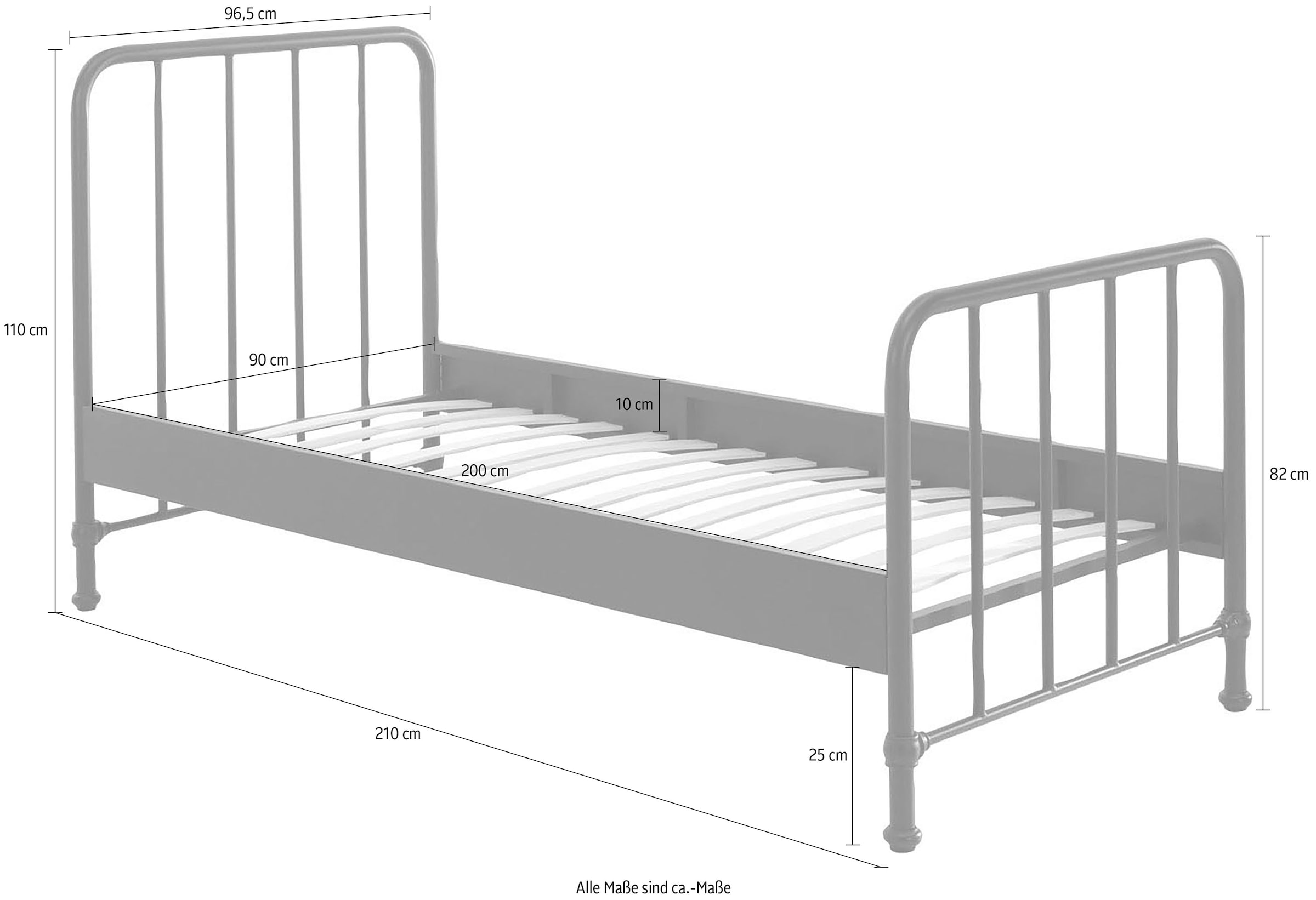 Vipack Jugendbett »Bronxx, Einzelbett 90/200, sehr stabil, romantische Optik« B/H/T ca. 96,5x110x206cm, inkl. Lattenrost, Bodenfreiheit,  Oberfläche pulverbeschichtet, verschiedene Farben zur Wahl