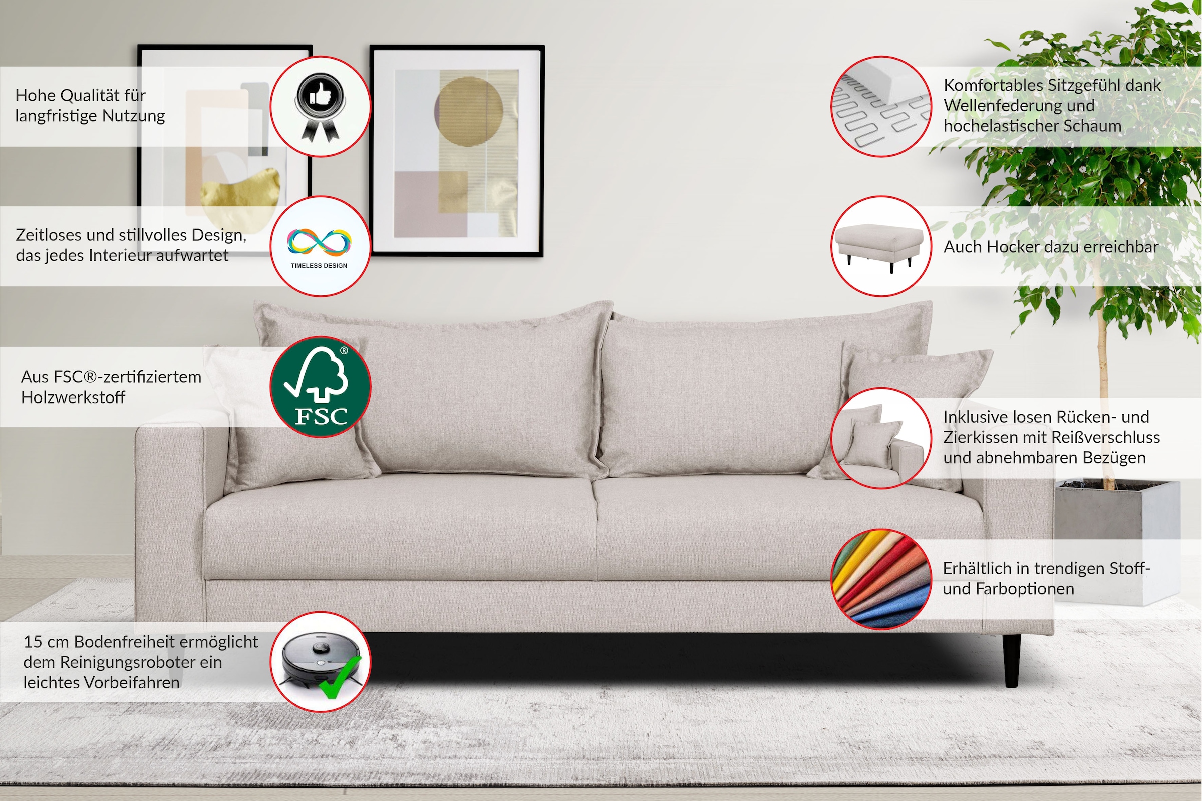 Home affaire 3-places »VEYRAS, hoher Sitzkomfort, Masse B/T/H: 212/84/76 cm« mit Wellenunterfederung, incl. Rückenkissen und Zierkissen