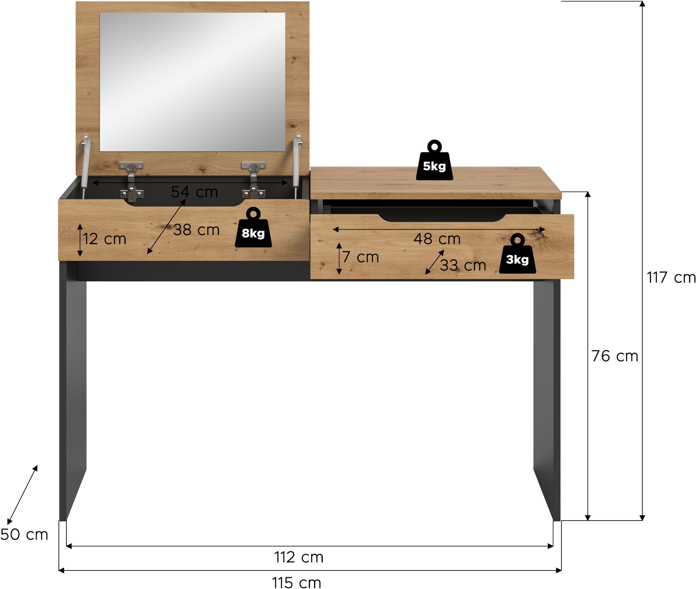 Home affaire Coiffeuse »REHAT, TOPSELLER!, Breite 115cm, 1 Schubkasten, Klappe inkl. Spiegel« Table console, table, table pliante, buffet, secrétaire, commode
