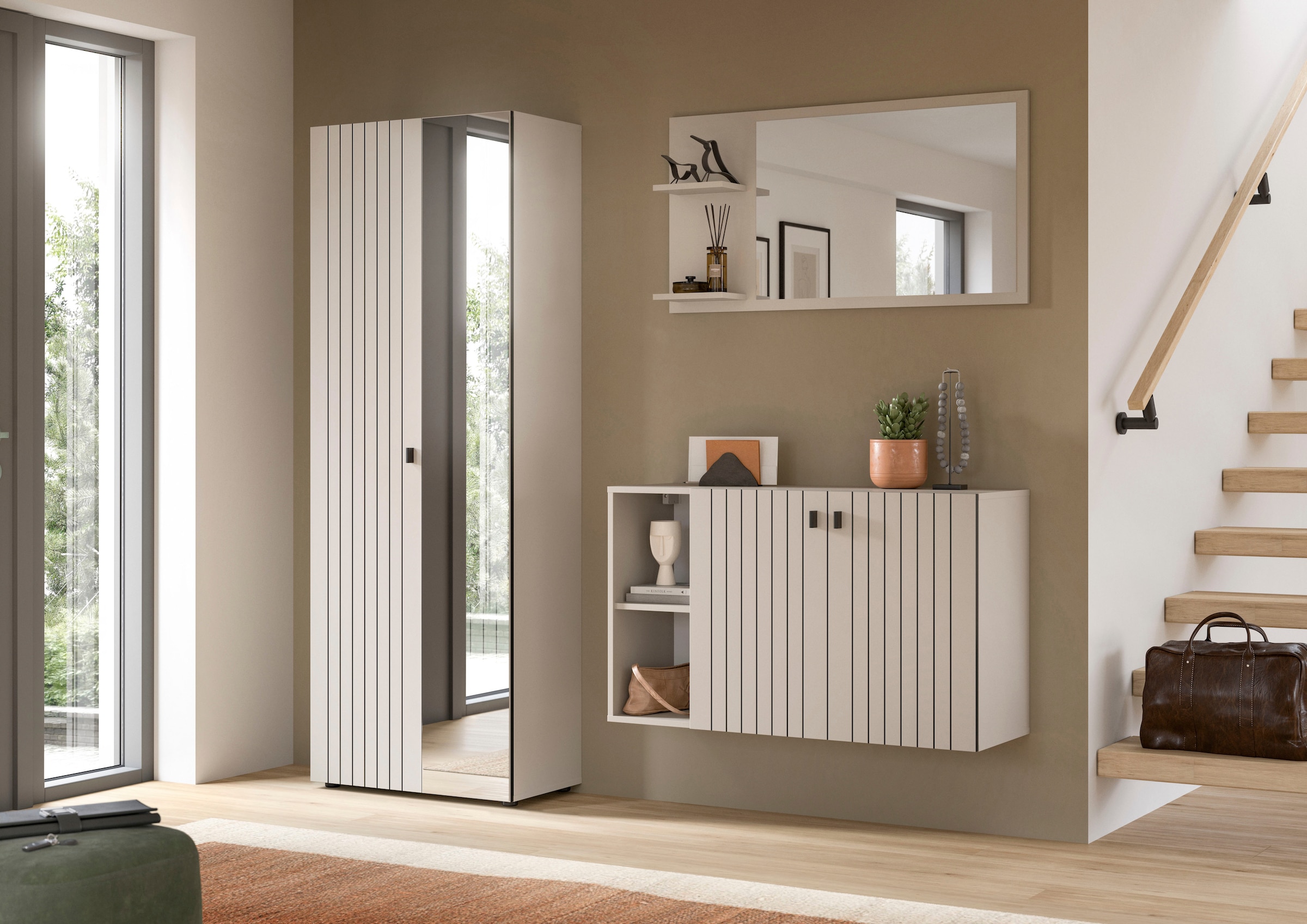 Home affaire Armoire vestiaire »TATIO, Höhe 192 cm, Rillenoptik, Spiegeltür« 1 cuis tlg. Garderobenschrank, Flurschrank, Dielenschrank