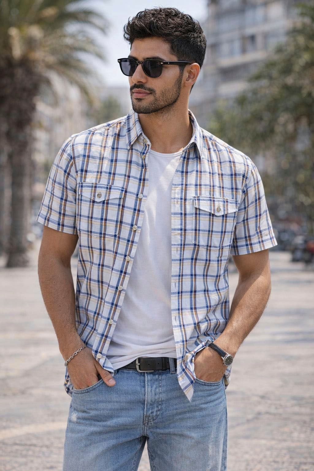 Man's World Chemise à carreaux Kurzarm, für Casualmode, Basic, Frühling und Sommer, aus Baumwolle