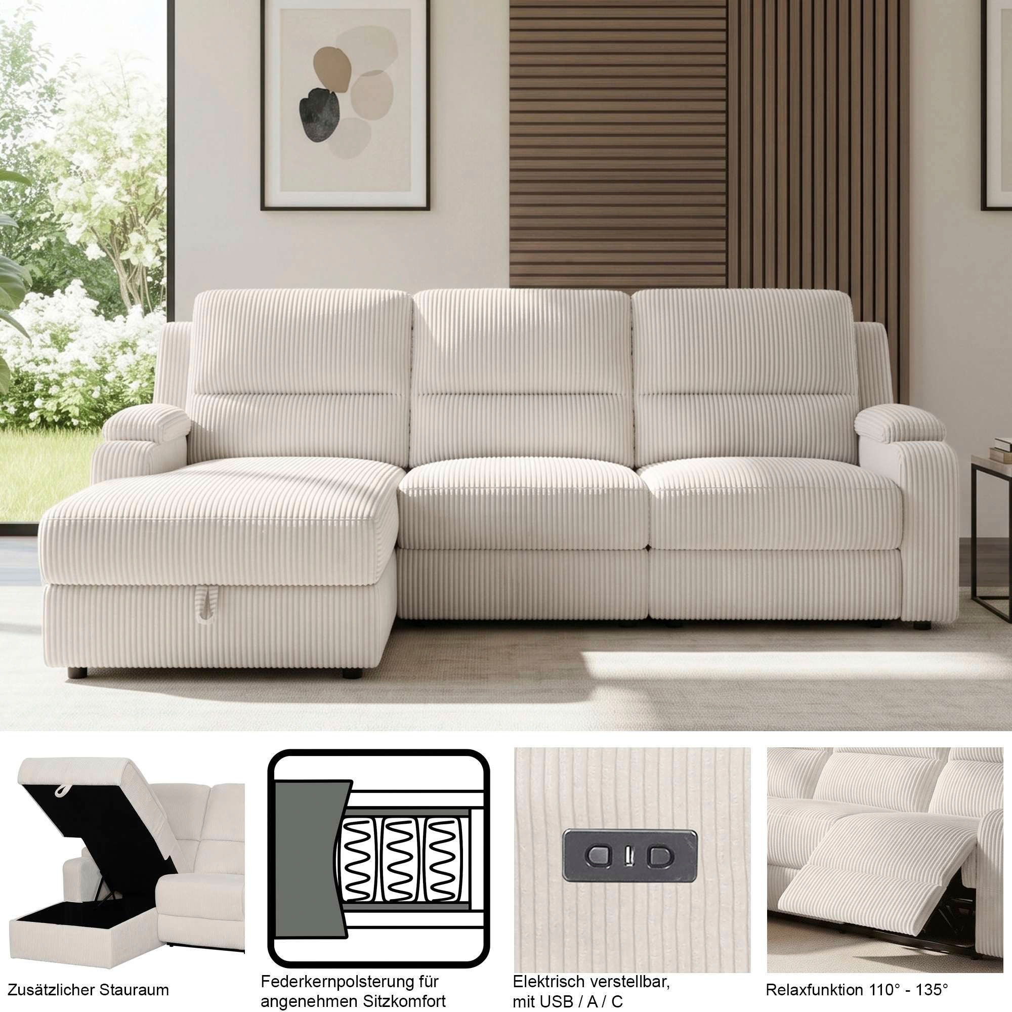 GOODproduct Canapé d'angle »NAPORI Microfaser, Multimediasofa, L-Form« fonction relax manuelle ou électrique, USB-A pour la version électrique, coffre de rangement