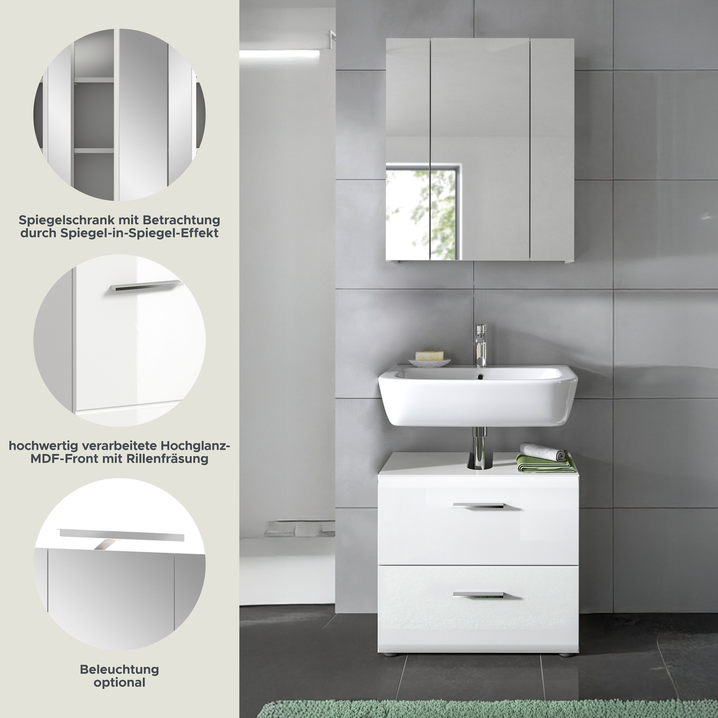 INOSIGN Badmöbel-Set »FLORENZ, TOPSELLER!, 2-teilige Badkombination, hochwertige MDF-Front« Set, bestehend aus: 1 Waschbeckenunterschrank, 1 Spiegelschrank, 