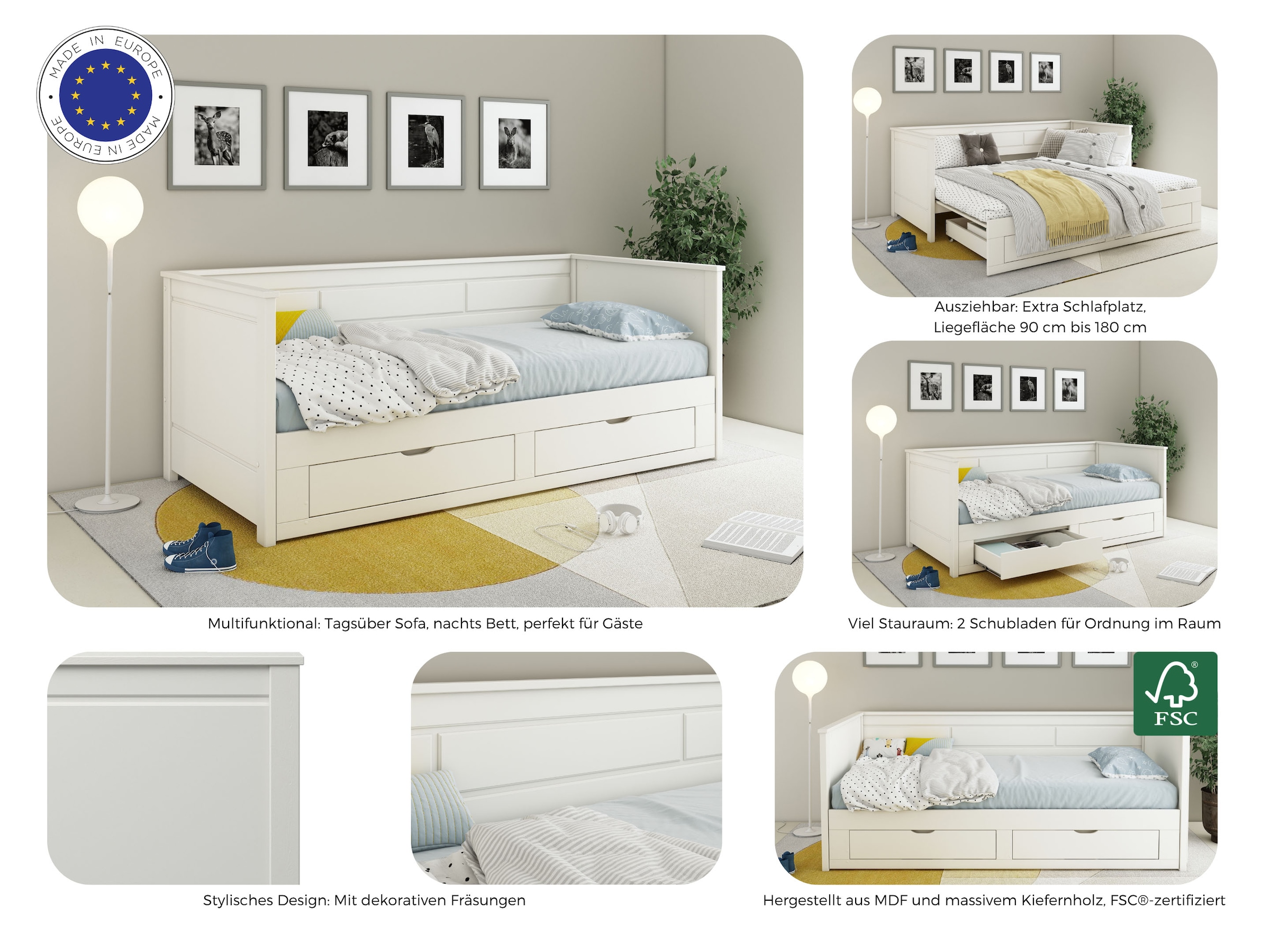 GOODproduct Ausziehbett »Leorben, OTTOs Choice, Daybed, Jugendbett, Landhausstil, Massivholz« B/H/T ca. Liegefläche von 90cm auf 180cm ausziehbar 100x82x210cm,  Liegefläche ausziehbar, 2 Schubladen, inkl. Lattenroste, Stauraumbett