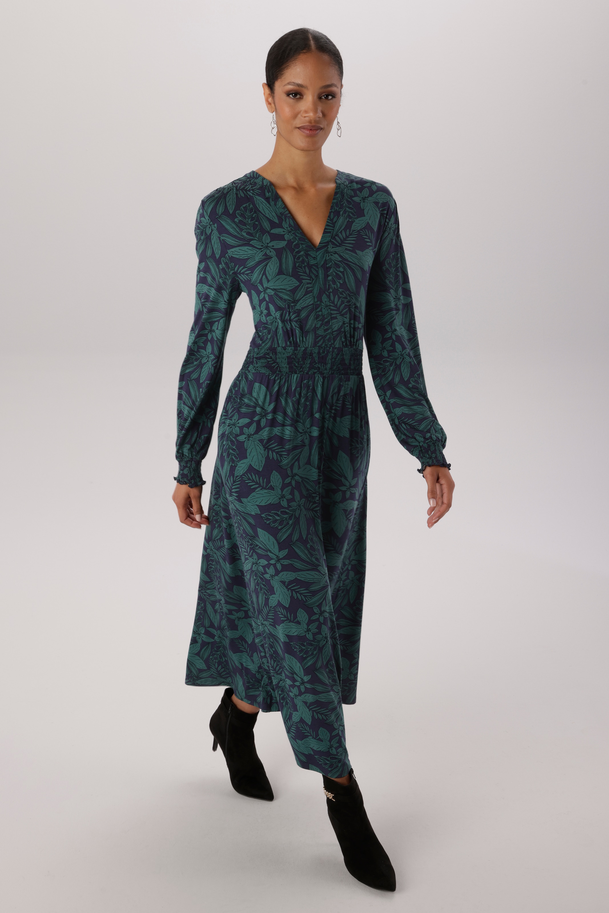 Aniston SELECTED Robe midi avec détails smockés et imprimé feuilles fantaisiste - NOUVELLE COLLECTION